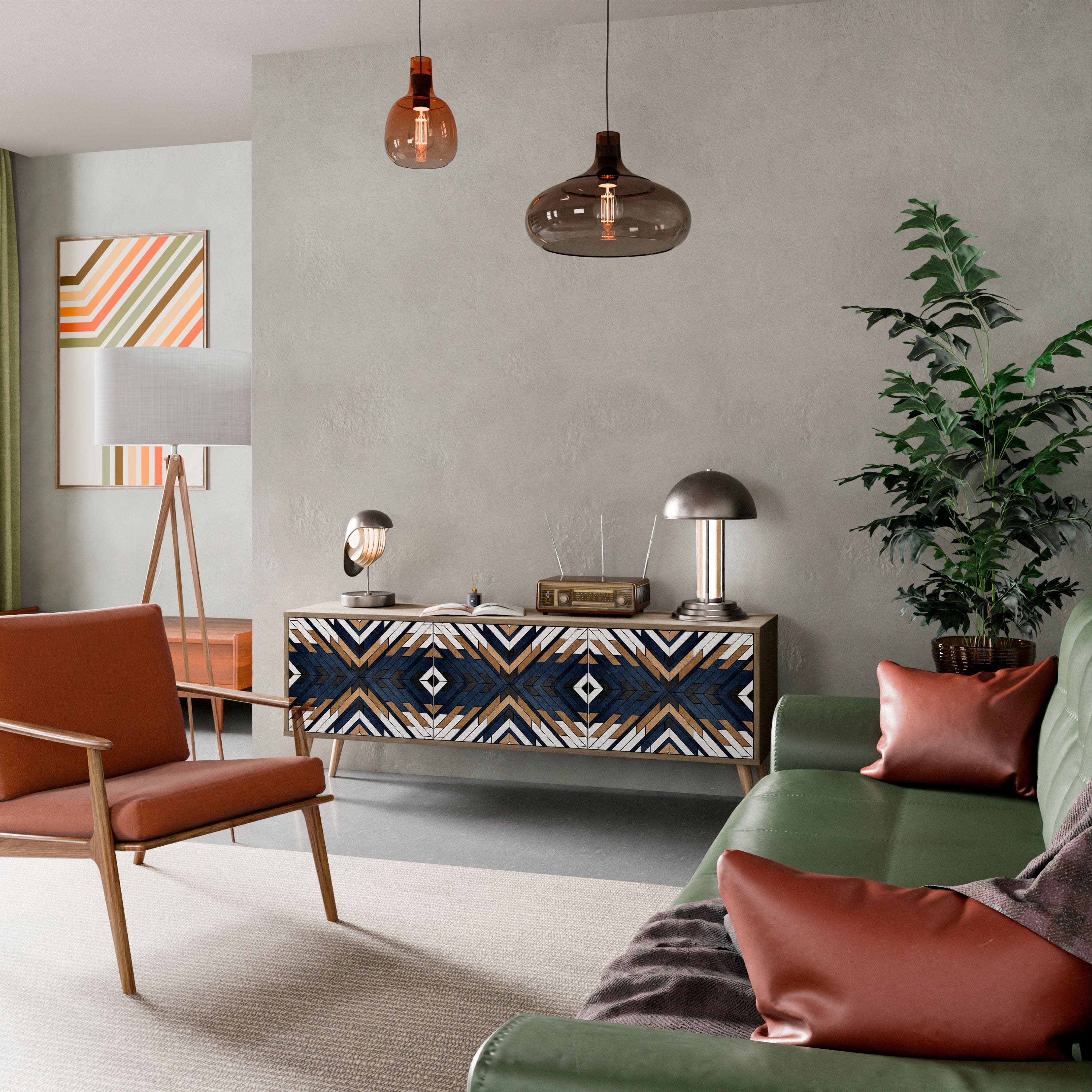 Mueble de TV de 3 puertas ARTFUL GEOMETRY con efecto roble