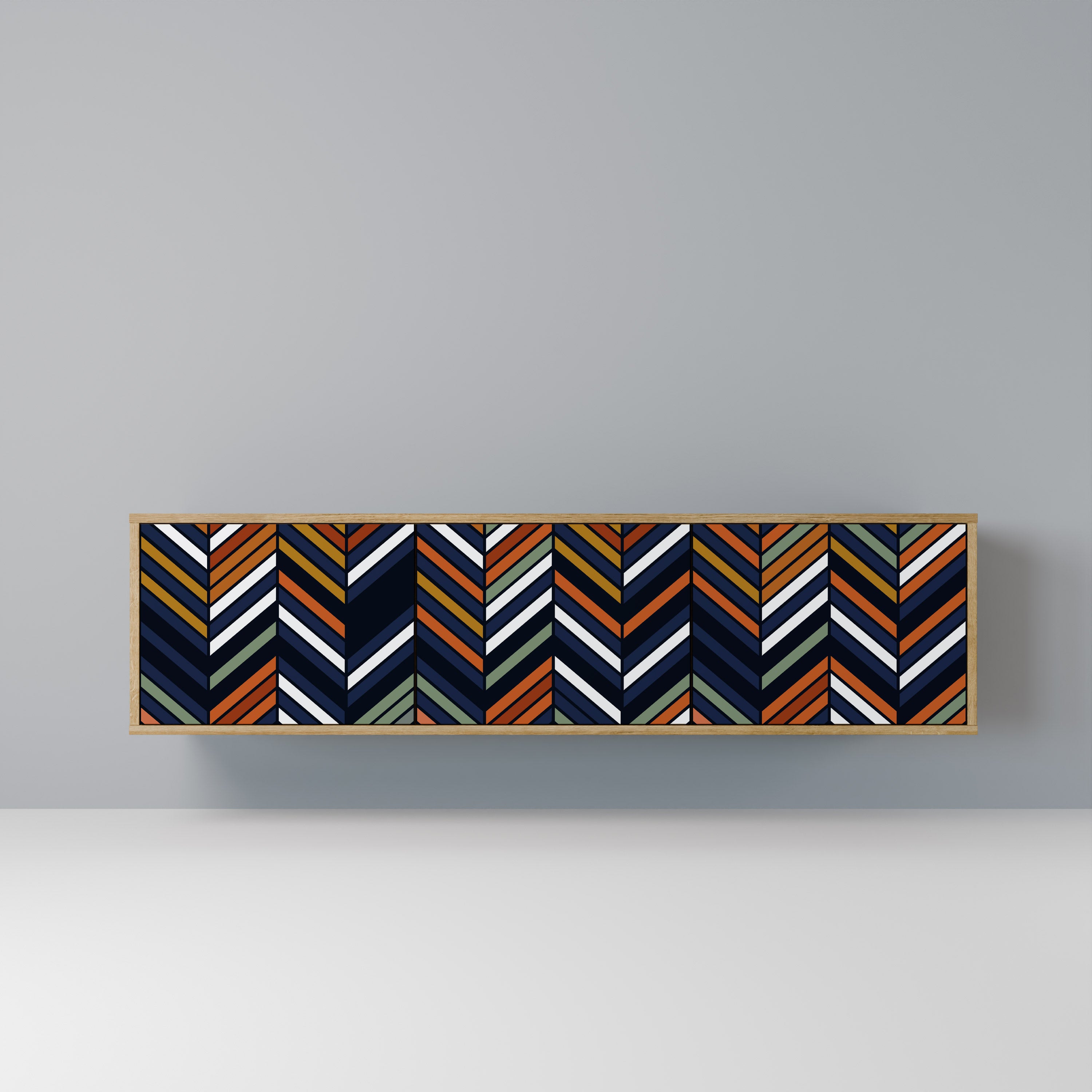Mueble de TV de 3 puertas con efecto roble y diseño vibrante de patchwork