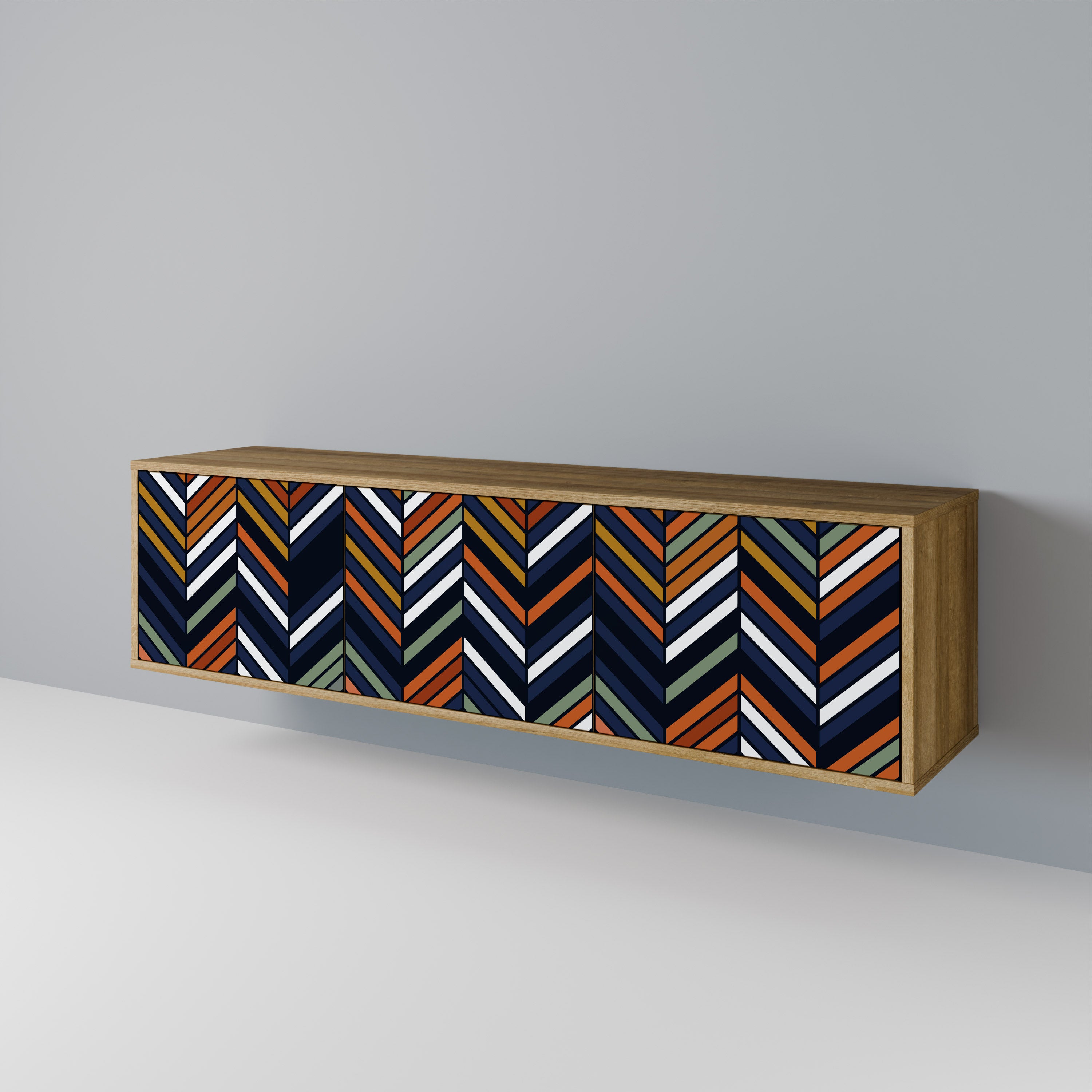 Mueble de TV de 3 puertas con efecto roble y diseño vibrante de patchwork