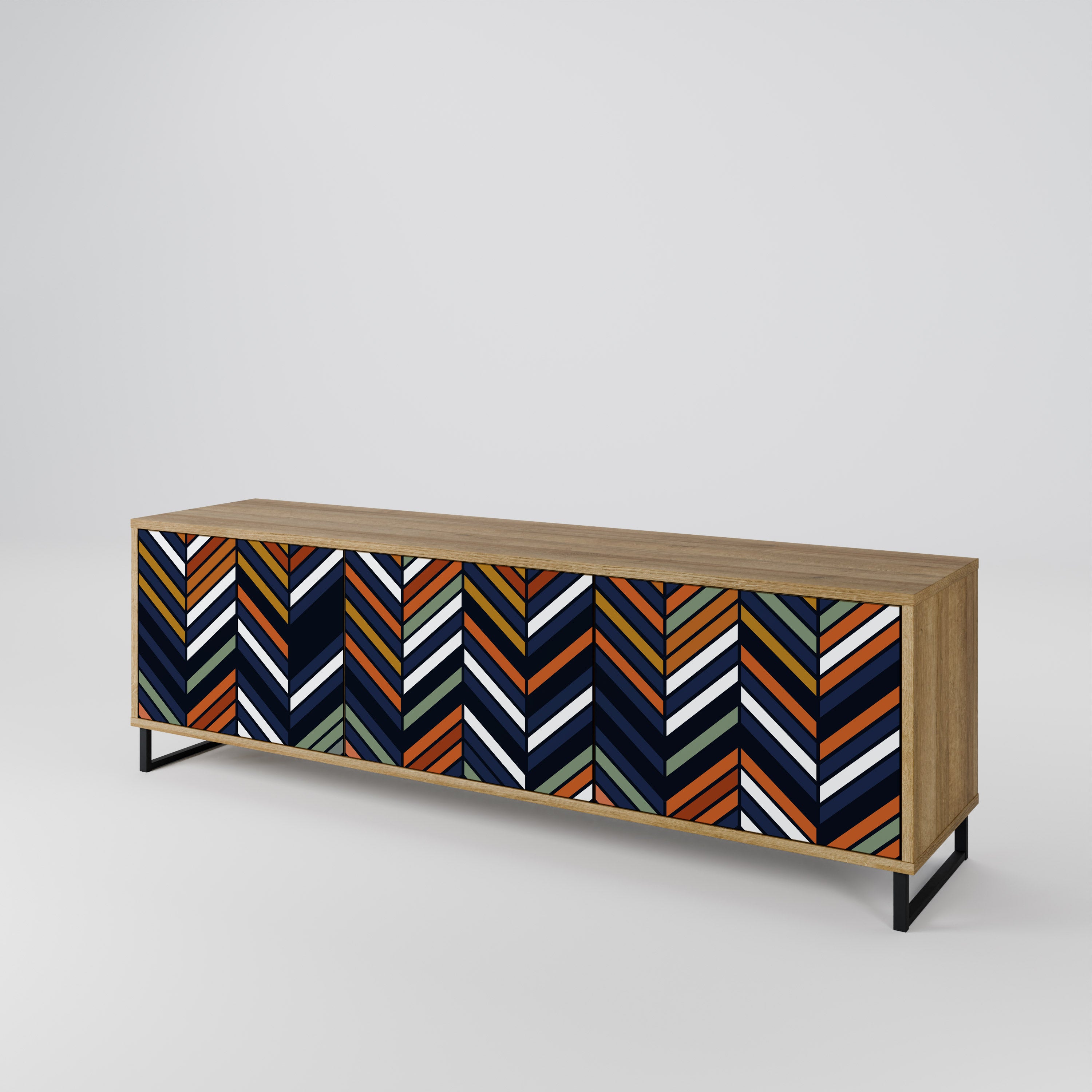 Mueble de TV de 3 puertas con efecto roble y diseño vibrante de patchwork