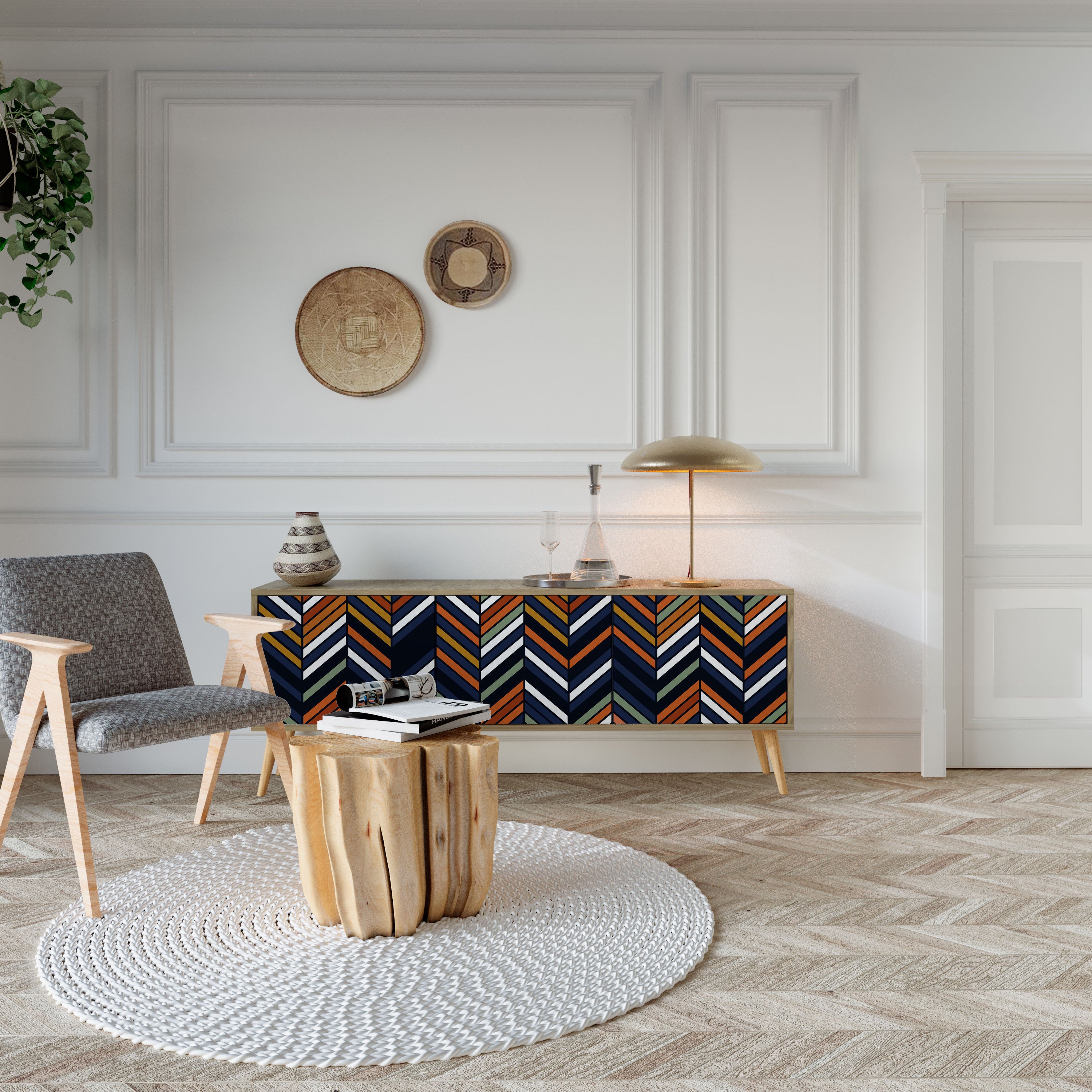 Mueble de TV de 3 puertas con efecto roble y diseño vibrante de patchwork