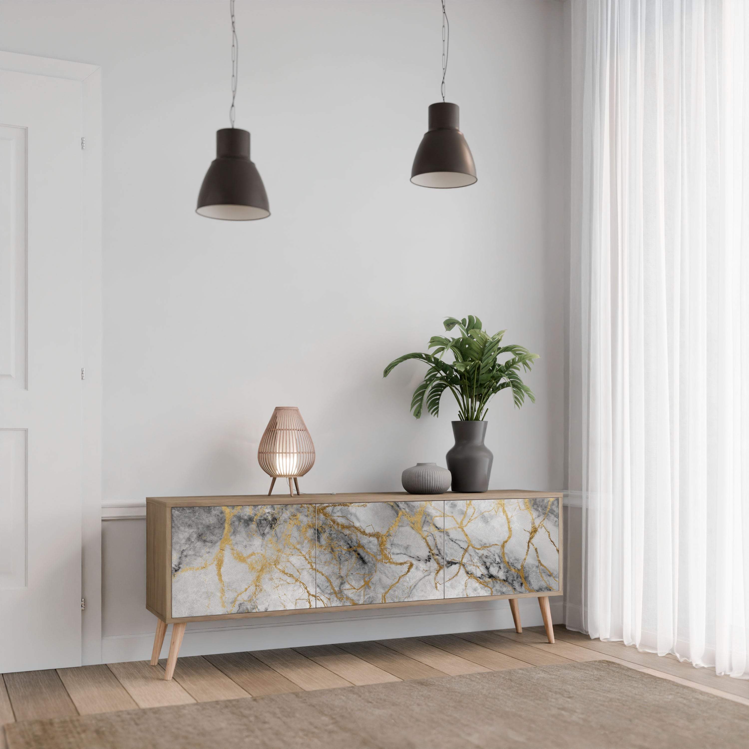 Mueble de TV de 3 puertas TIMELESS GLIDE con efecto roble