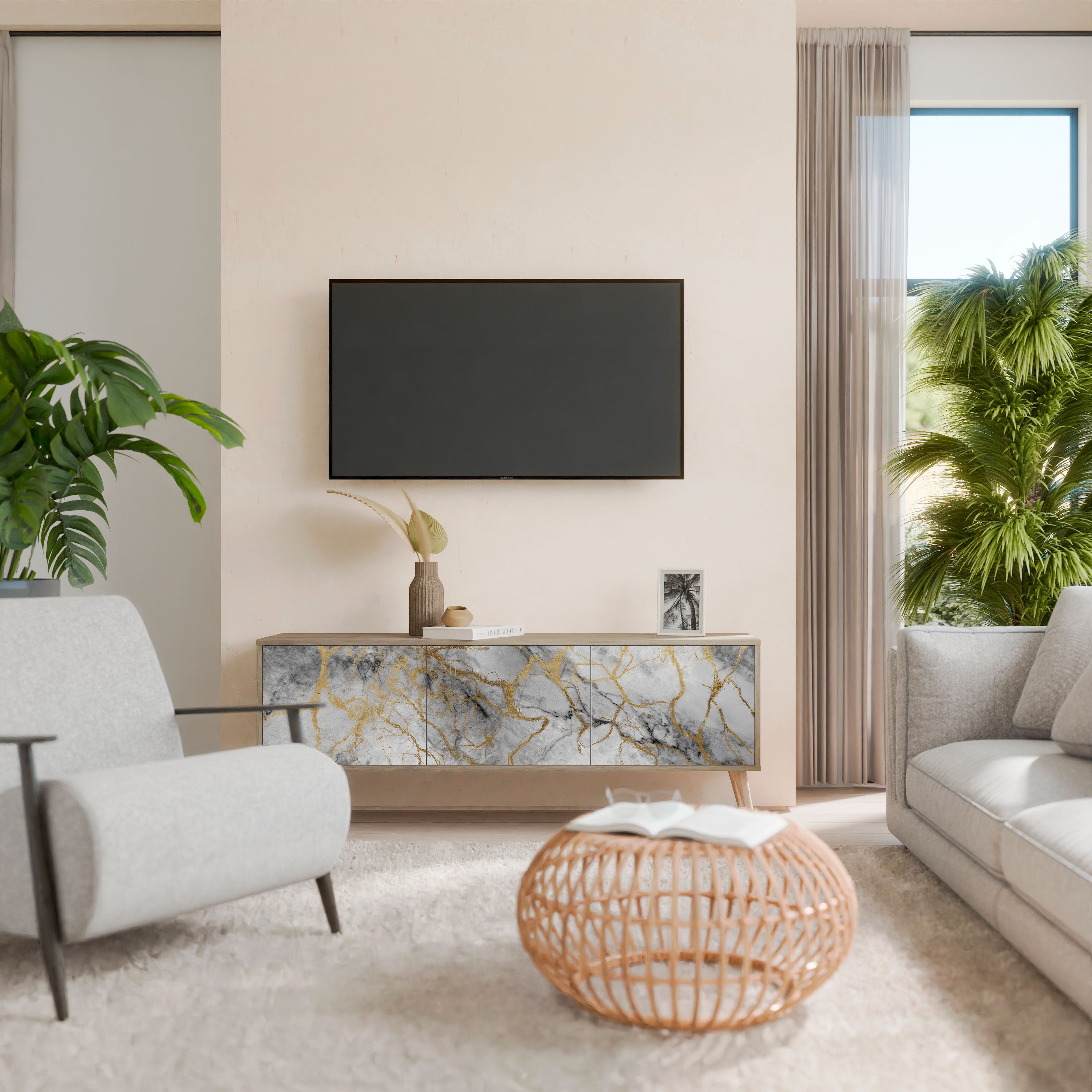 Mueble de TV de 3 puertas TIMELESS GLIDE con efecto roble