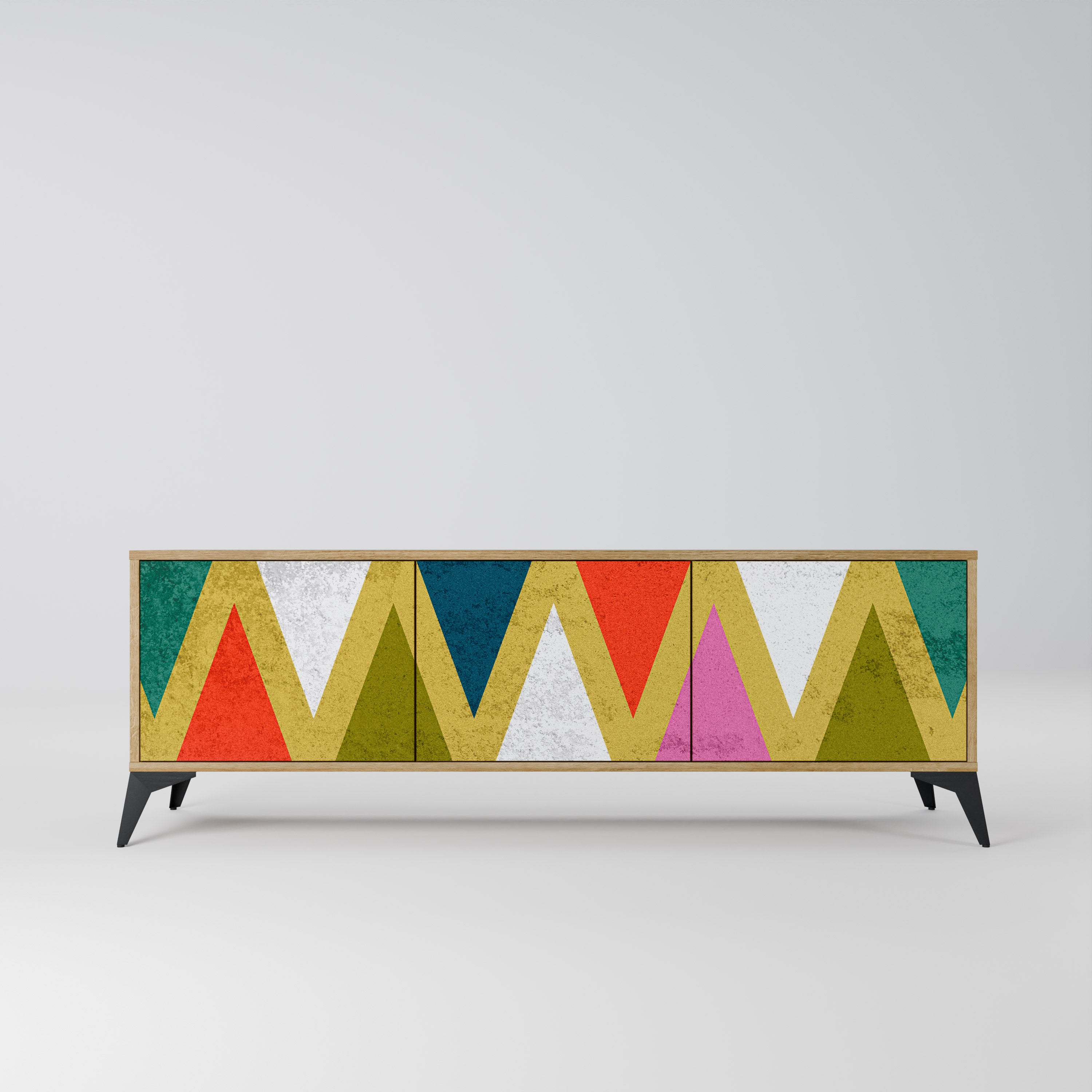 Mueble de TV de 3 puertas COLORFUL TRIANGLES con efecto roble