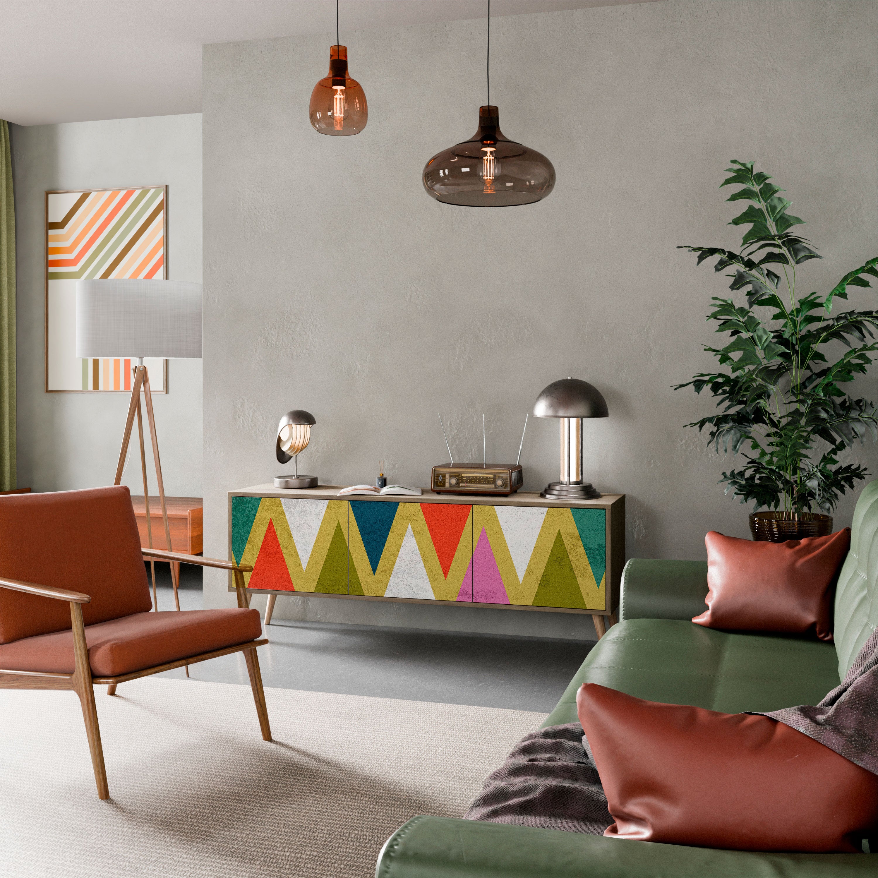 Mueble de TV de 3 puertas COLORFUL TRIANGLES con efecto roble