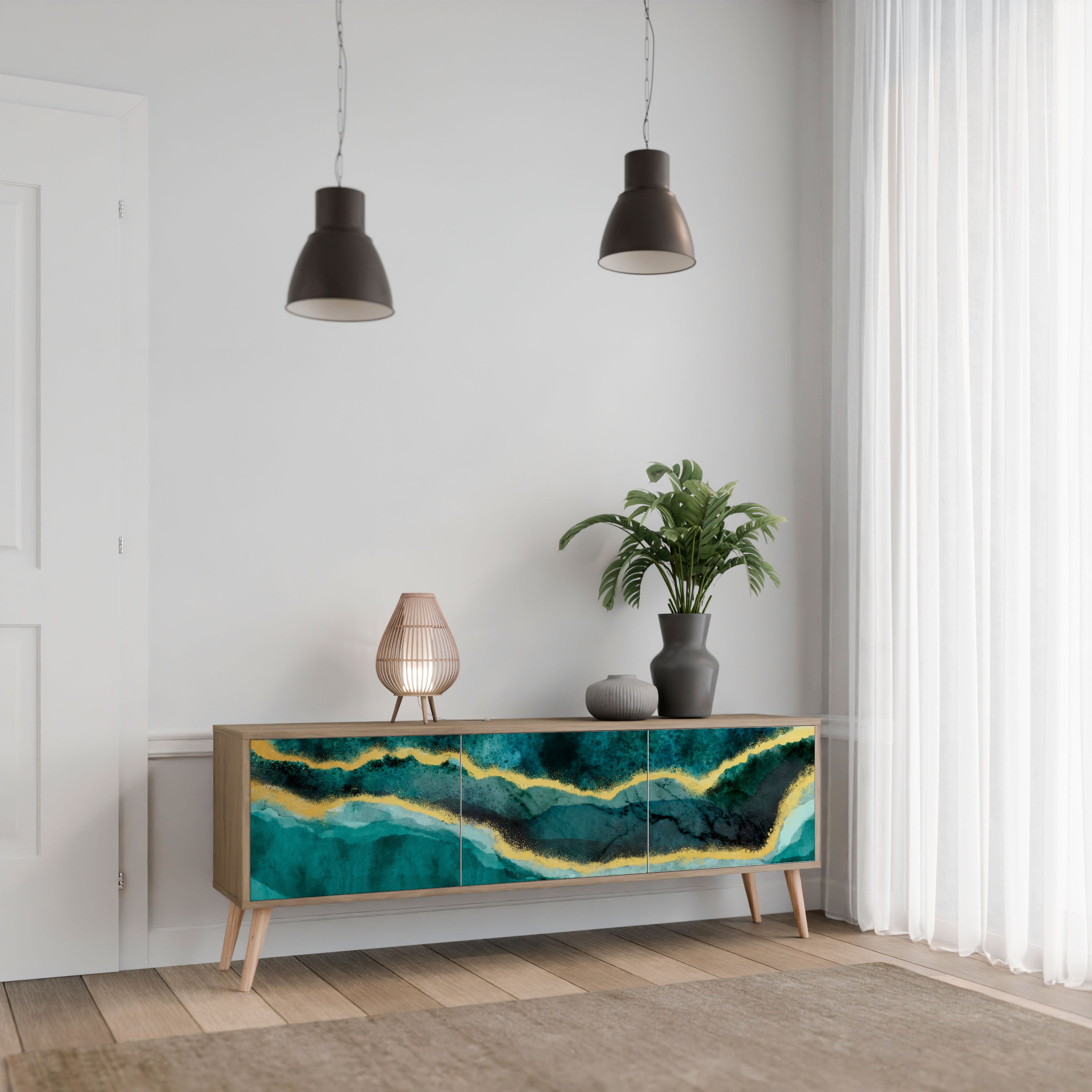 Mueble de TV de 3 puertas GOLDRUSH ODYSSEY con efecto roble