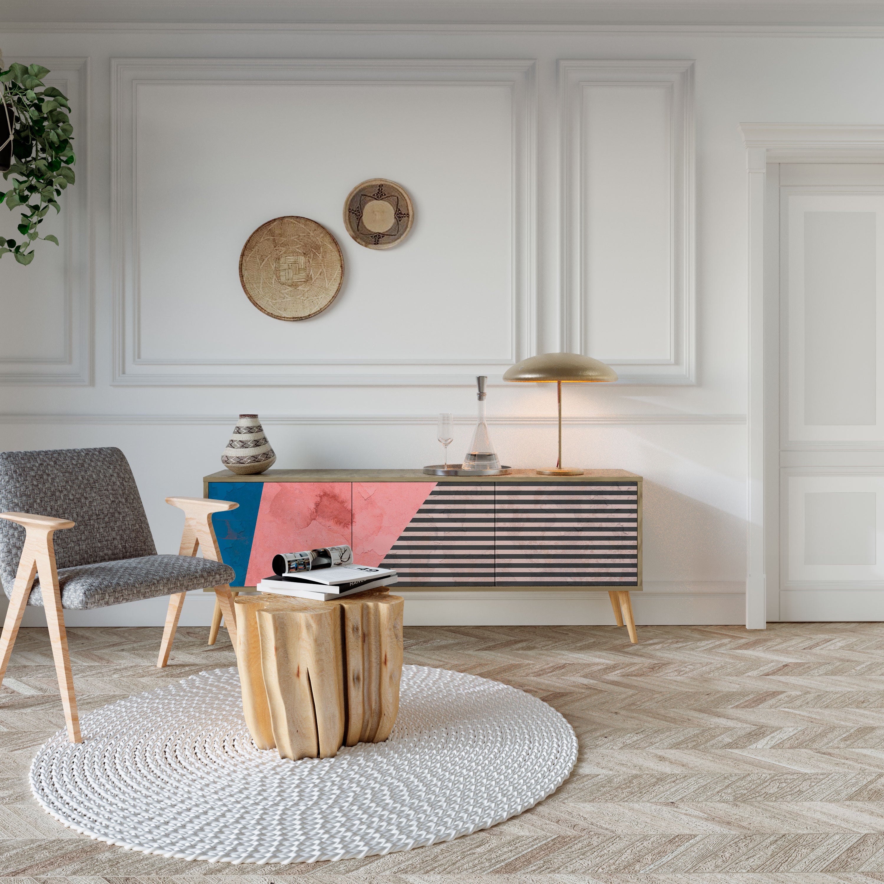 Mueble de TV GLAMOROUS STRIPE de 3 puertas con efecto roble