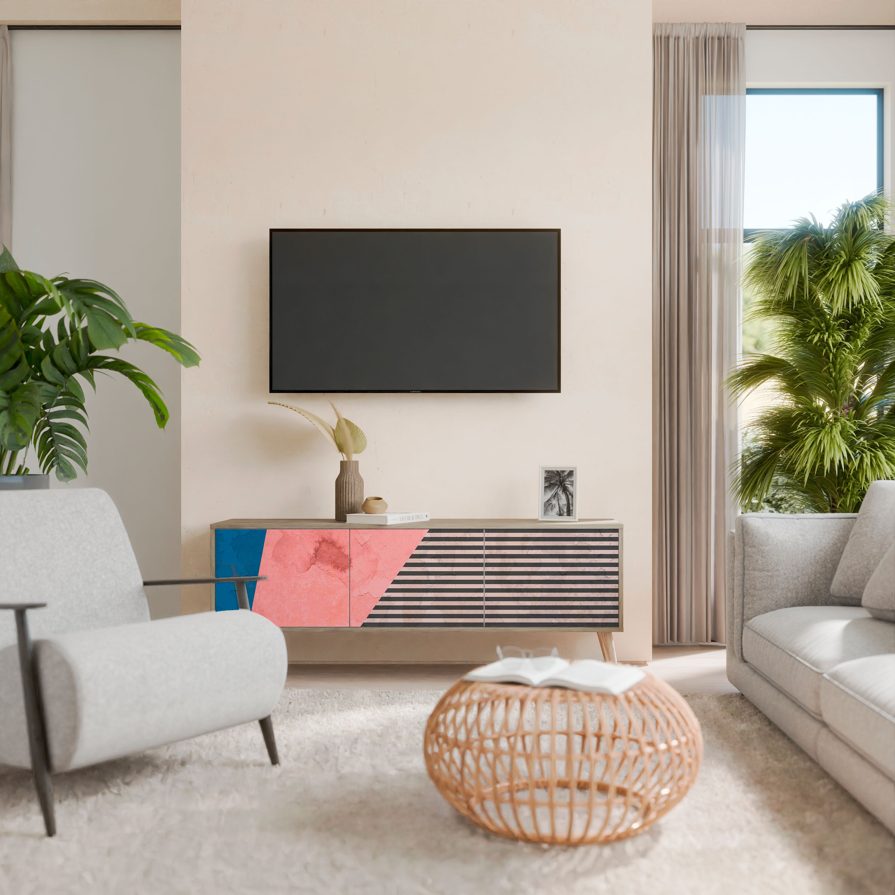 Mueble de TV GLAMOROUS STRIPE de 3 puertas con efecto roble