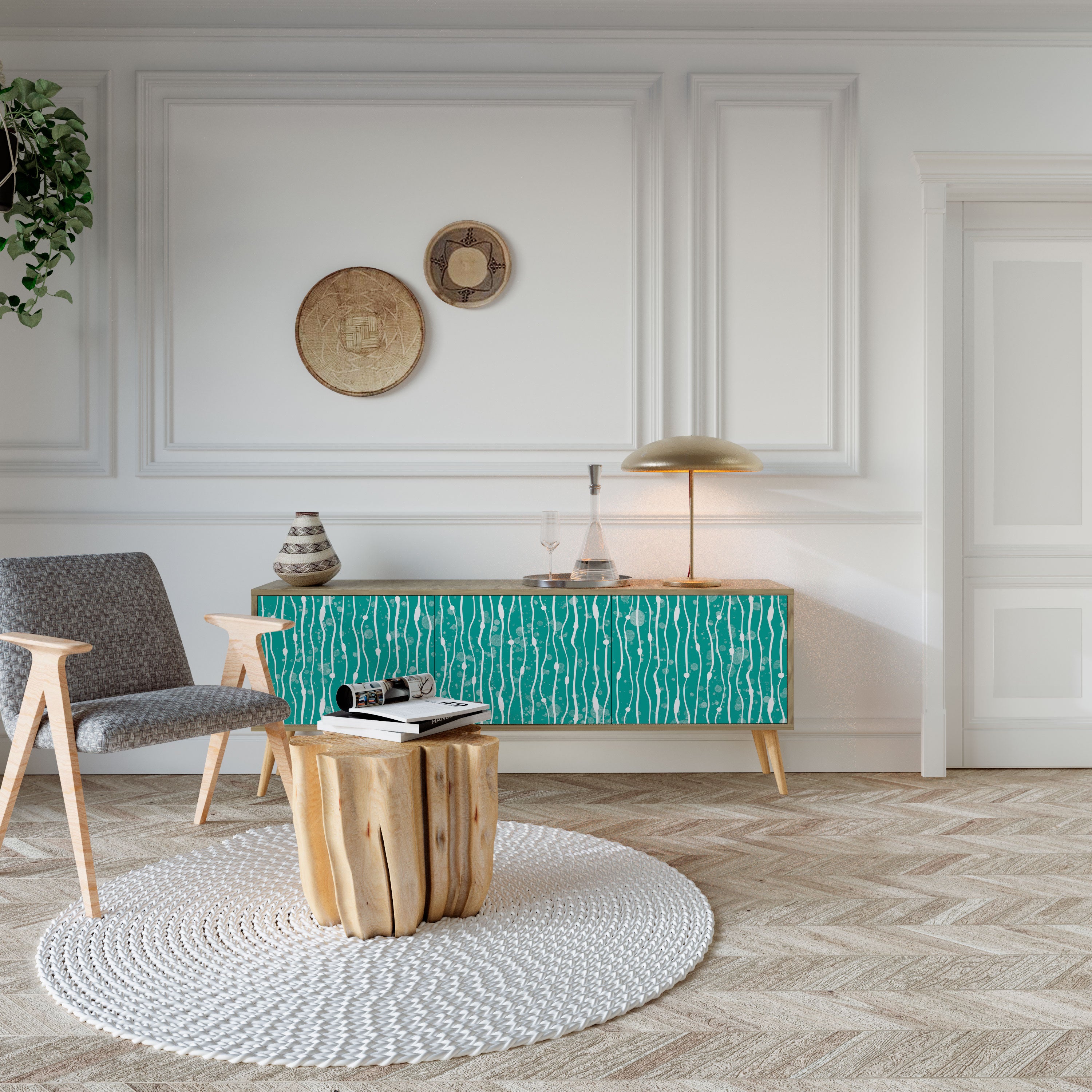 Mueble de TV de 3 puertas TURQUOISE RAIN con efecto roble