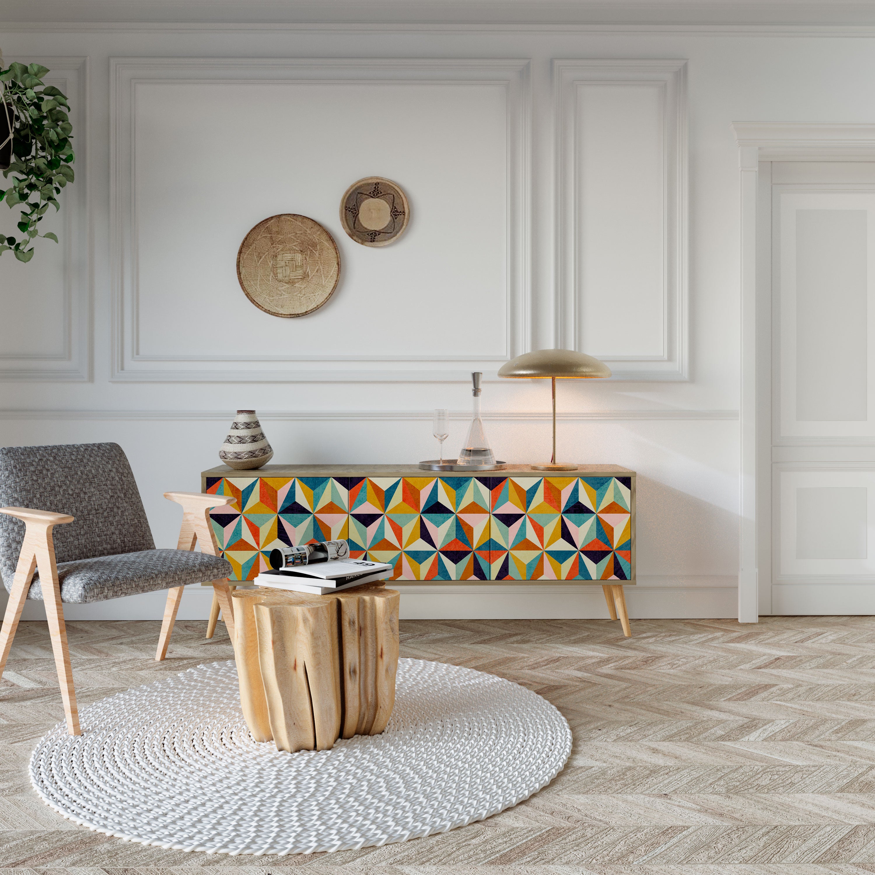 Mueble de TV de 3 puertas TESSELATE TREASURES con efecto roble