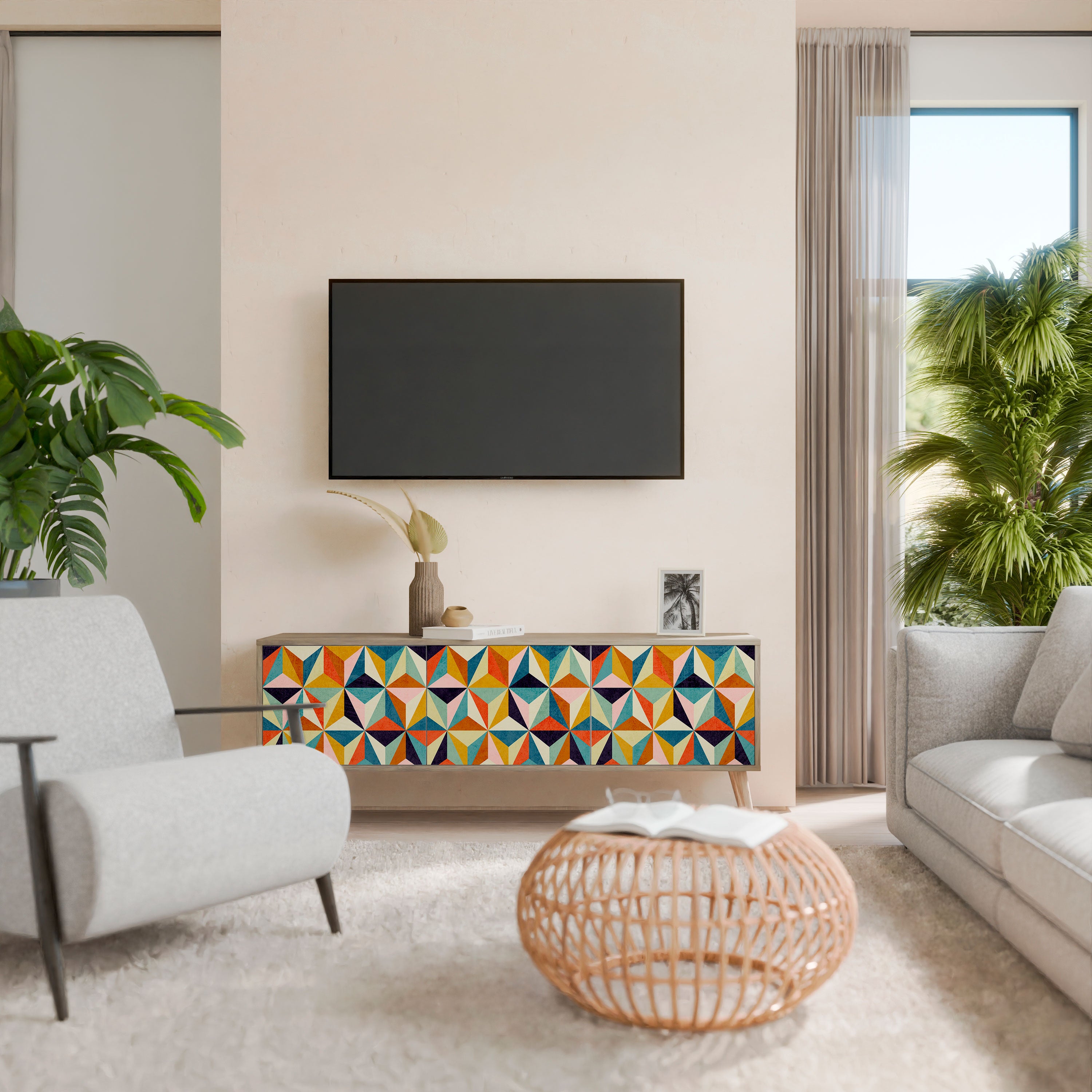 Mueble de TV de 3 puertas TESSELATE TREASURES con efecto roble