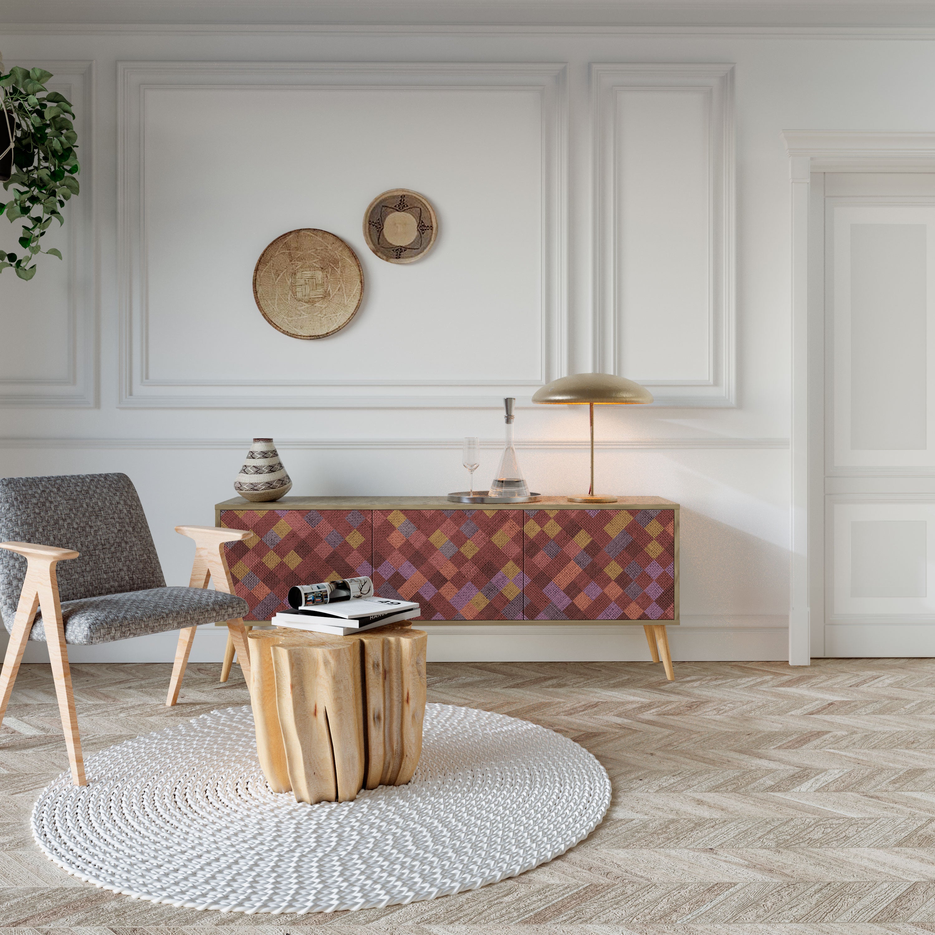 Mueble de TV de 3 puertas PAINTED SQUARES efecto roble