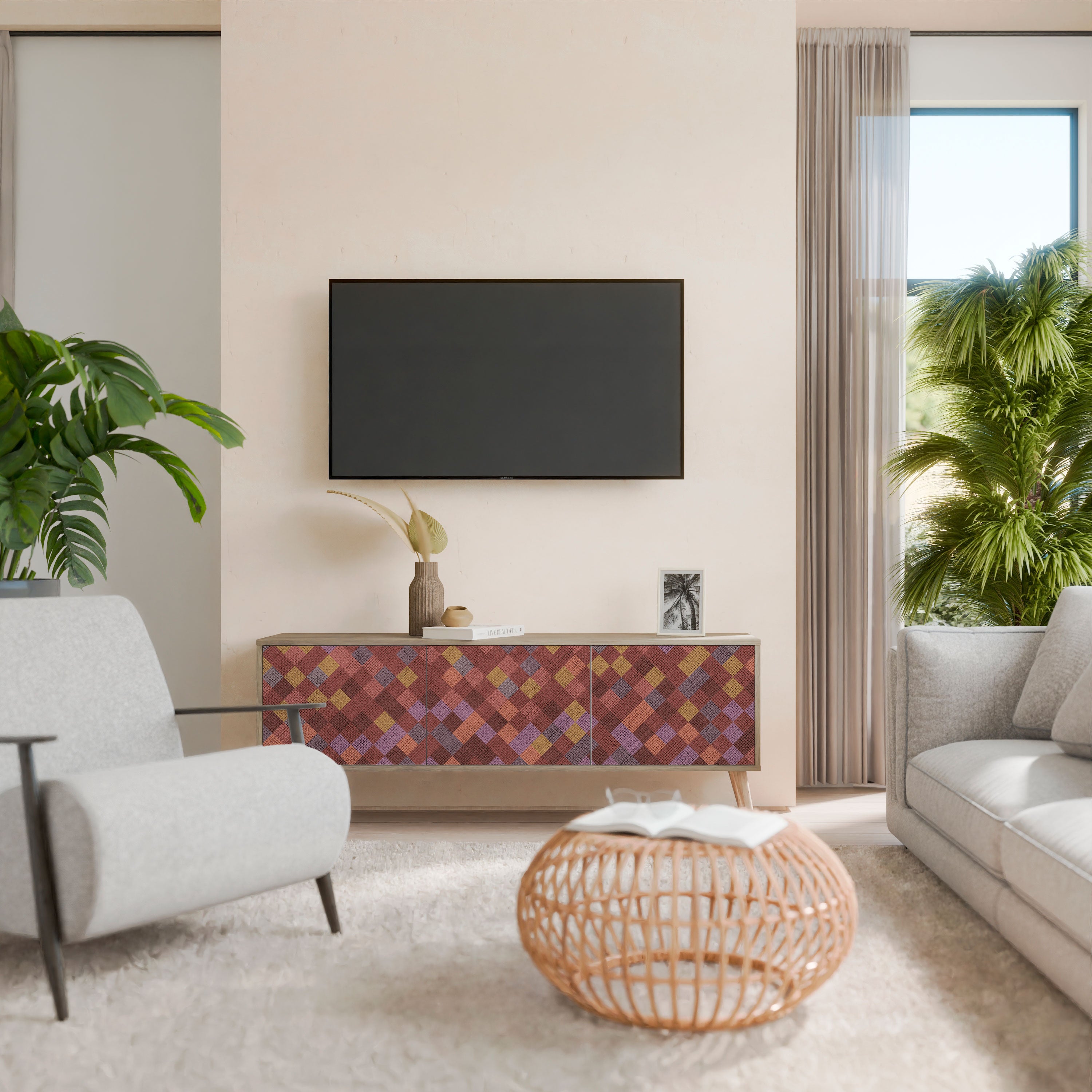 Mueble de TV de 3 puertas PAINTED SQUARES efecto roble