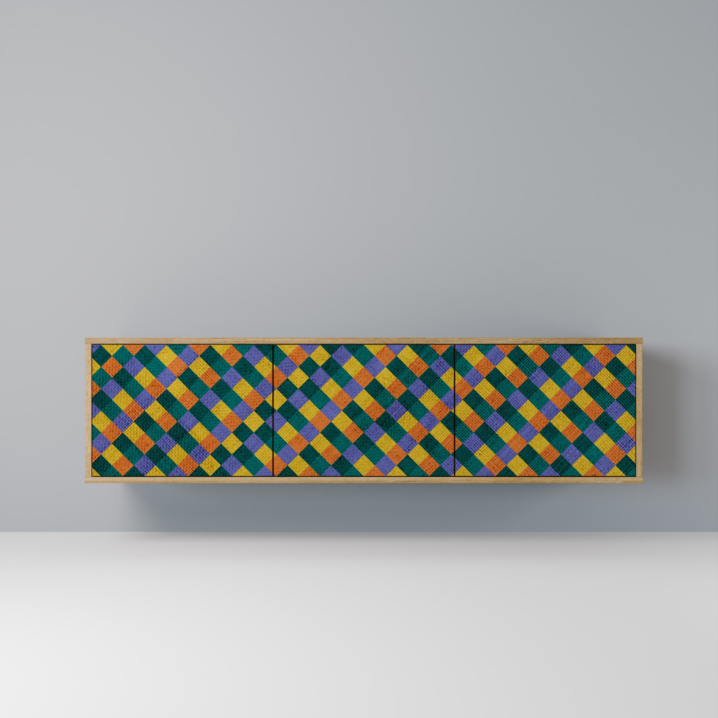 Mueble de TV de 3 puertas PAINTED SQUARES MIX con efecto roble