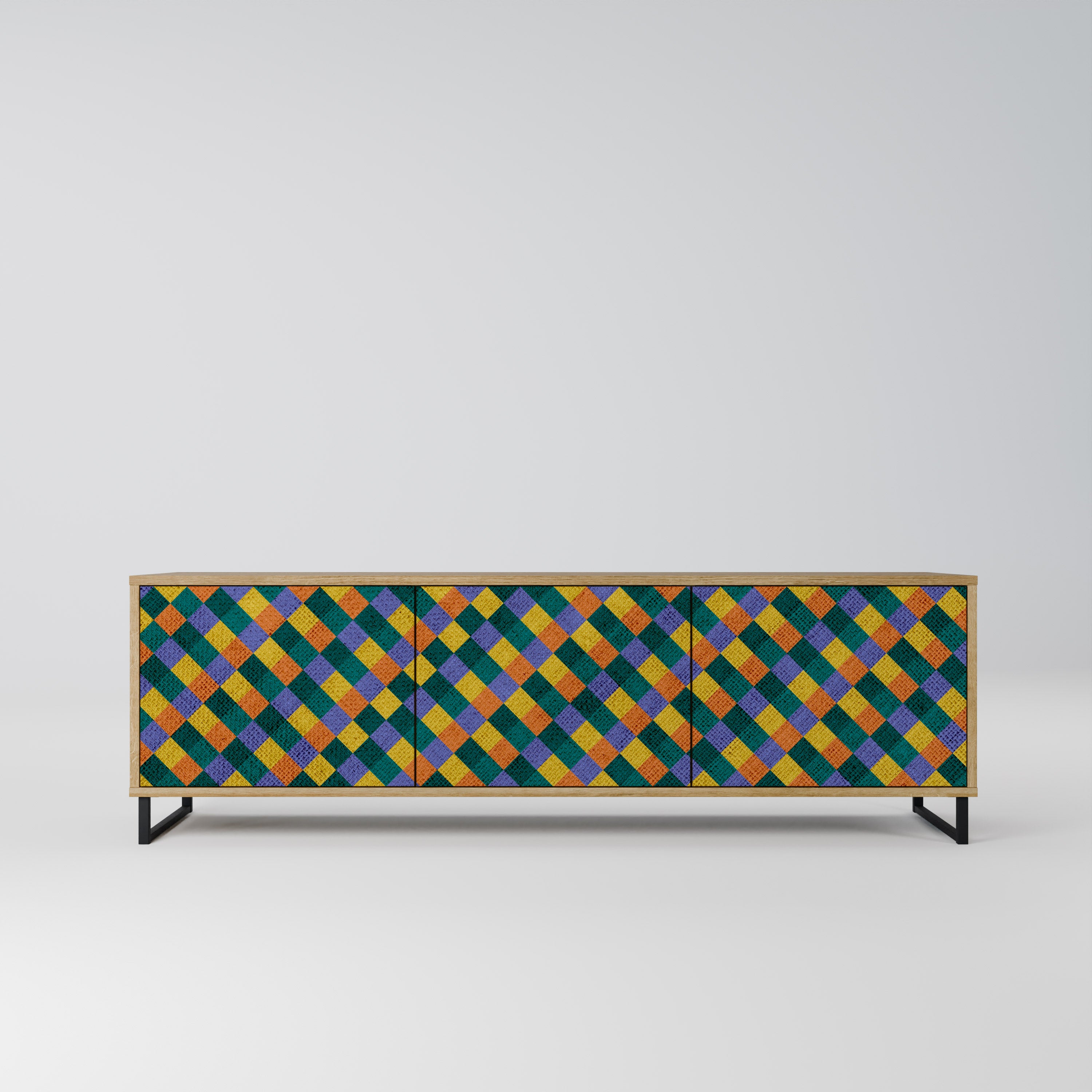 Mueble de TV de 3 puertas PAINTED SQUARES MIX con efecto roble