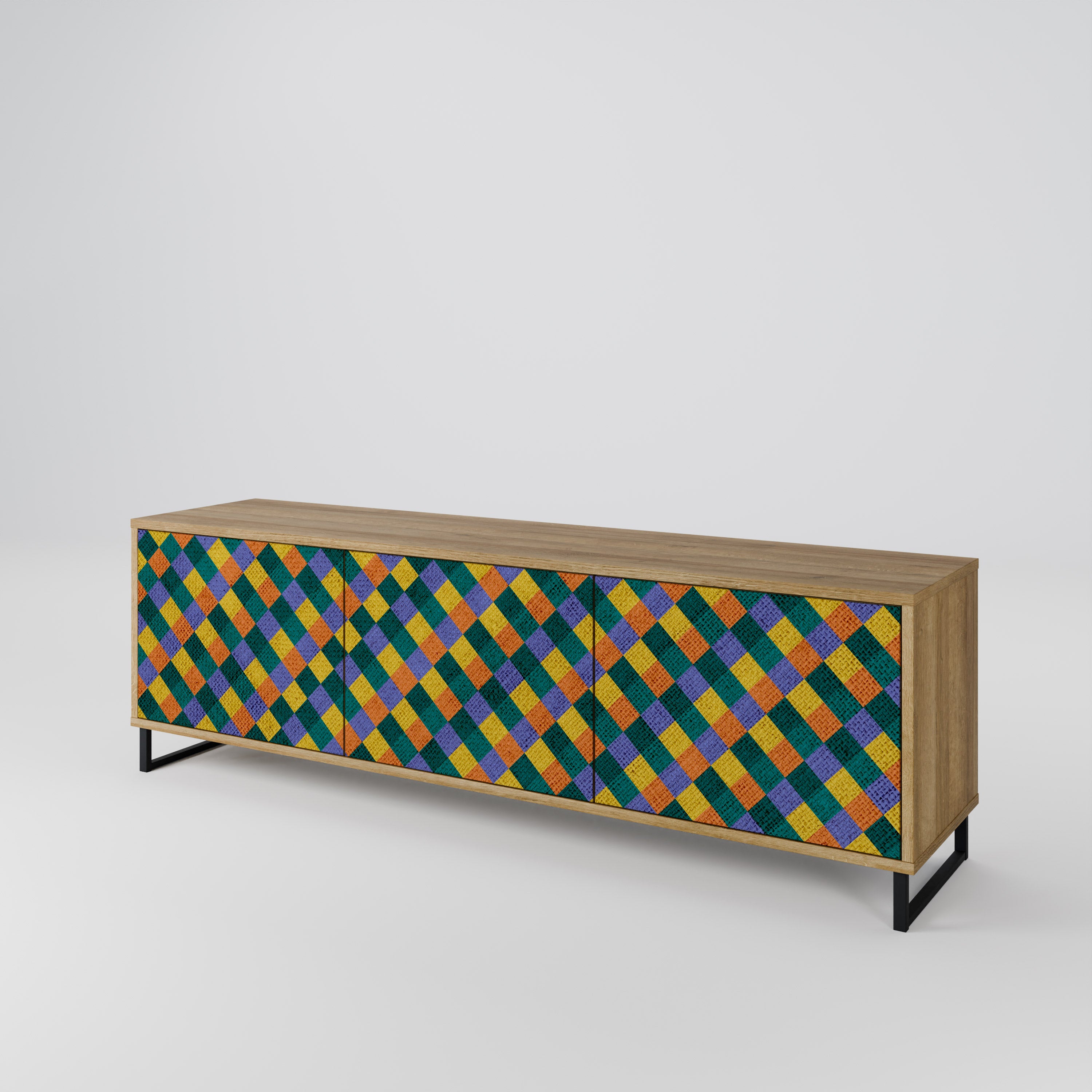 Mueble de TV de 3 puertas PAINTED SQUARES MIX con efecto roble