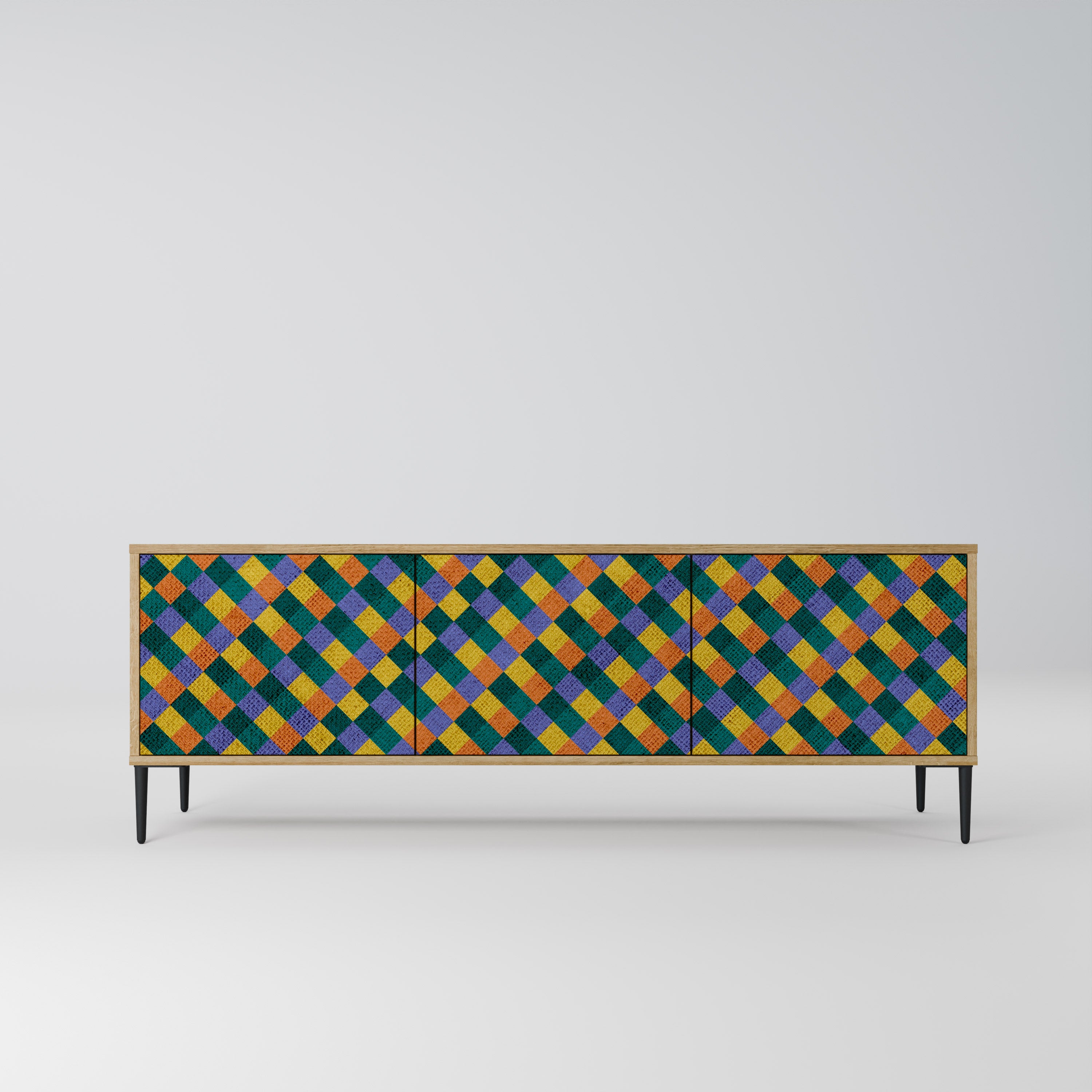 Mueble de TV de 3 puertas PAINTED SQUARES MIX con efecto roble