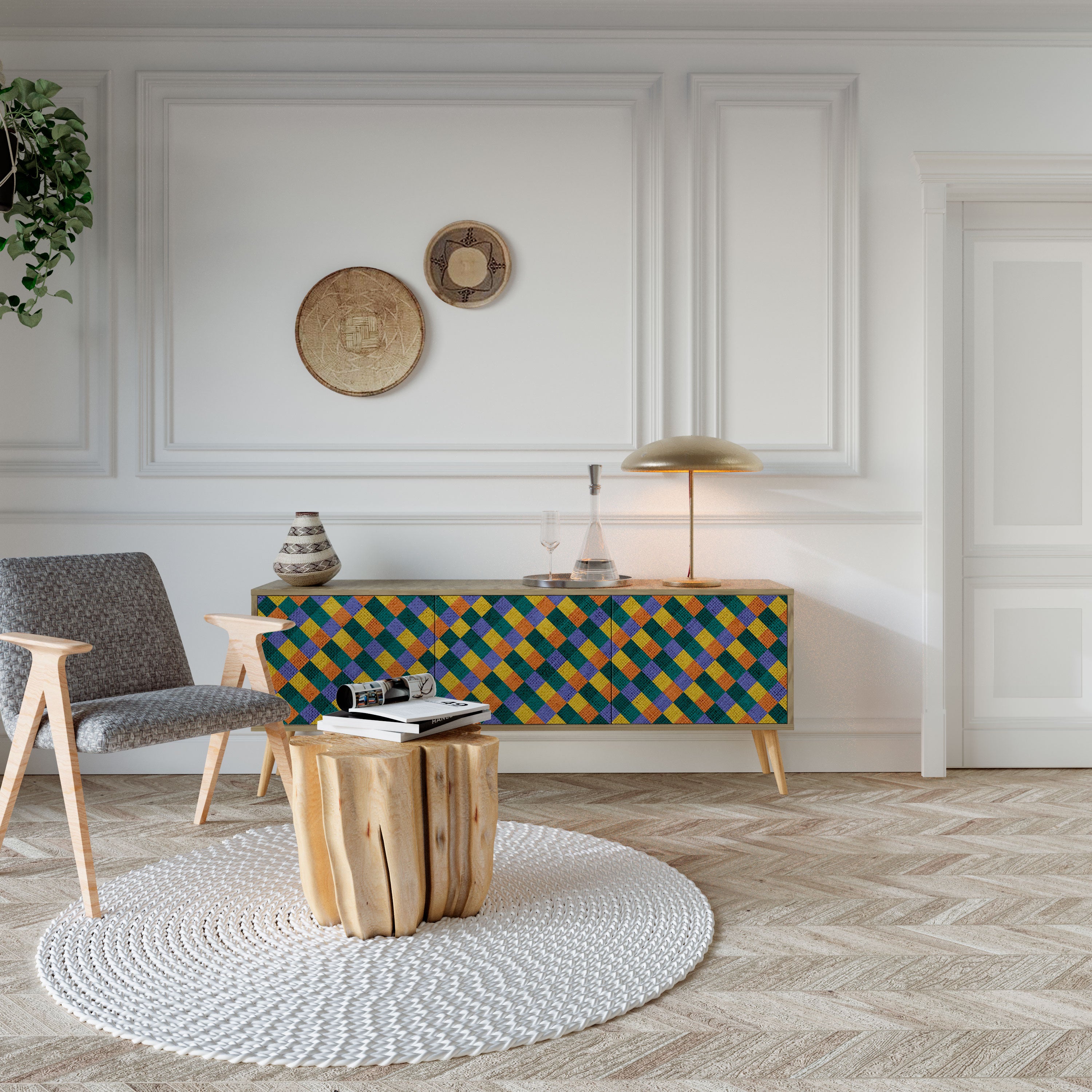 Mueble de TV de 3 puertas PAINTED SQUARES MIX con efecto roble