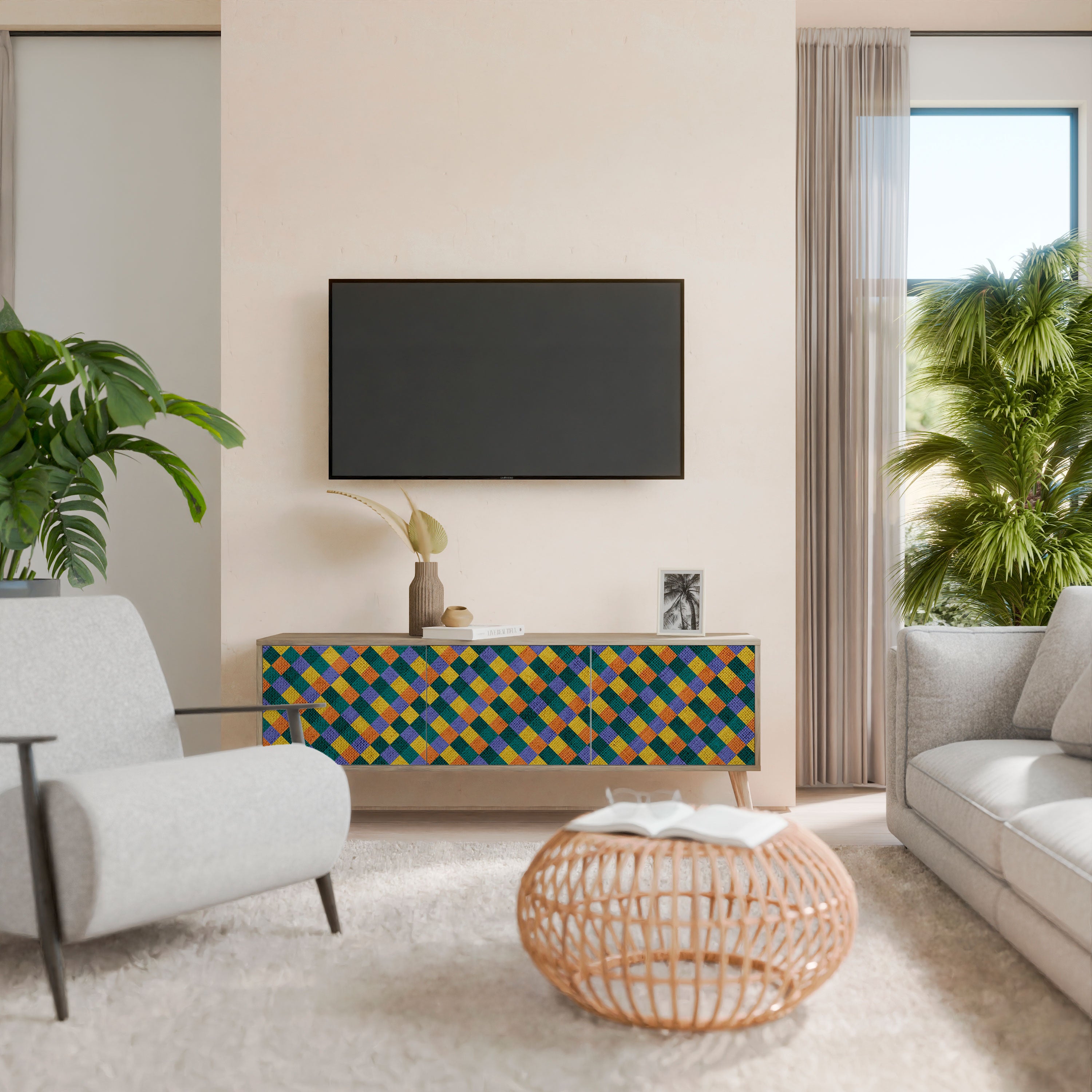 Mueble de TV de 3 puertas PAINTED SQUARES MIX con efecto roble