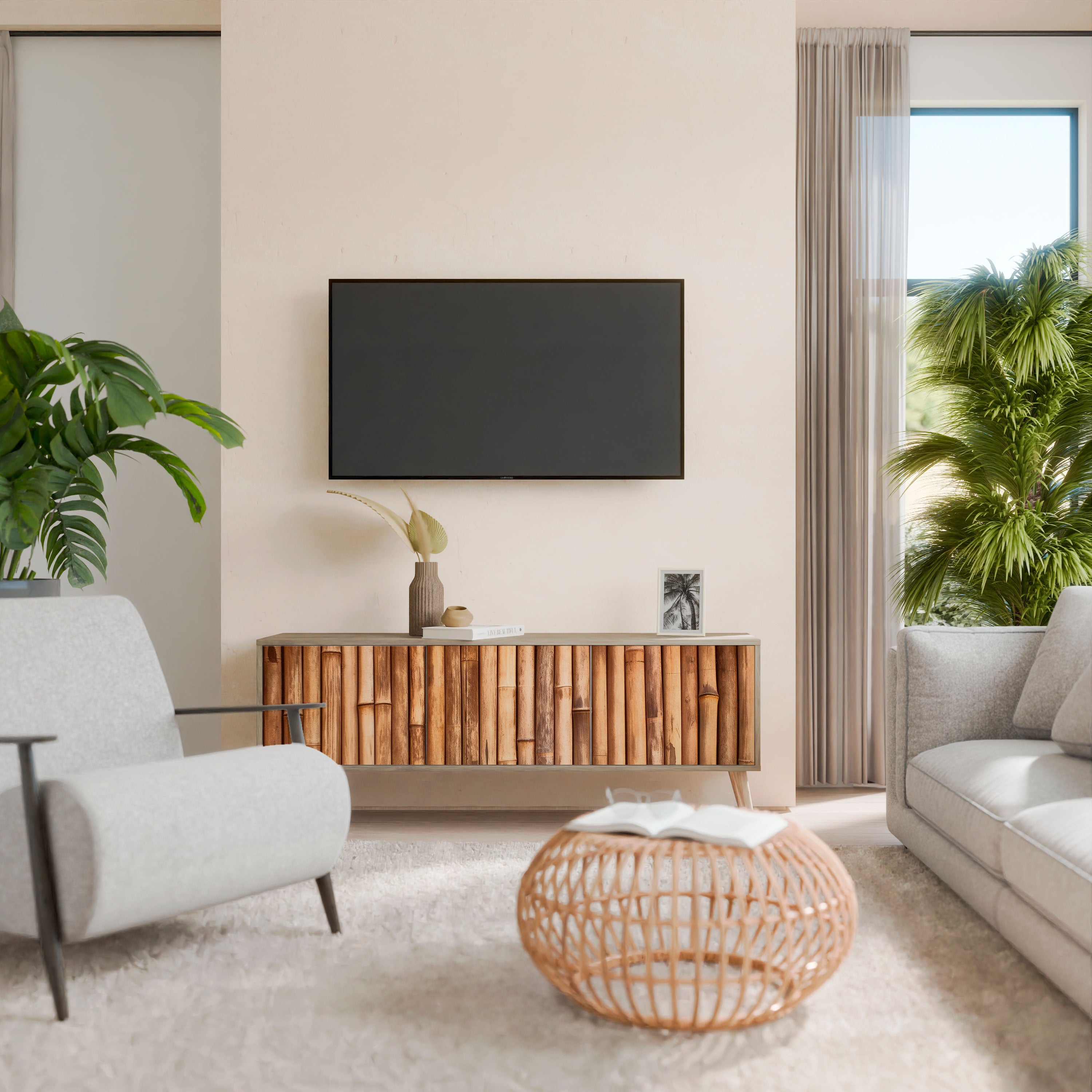 Mueble de TV de 3 puertas NATURAL WOOD con efecto roble