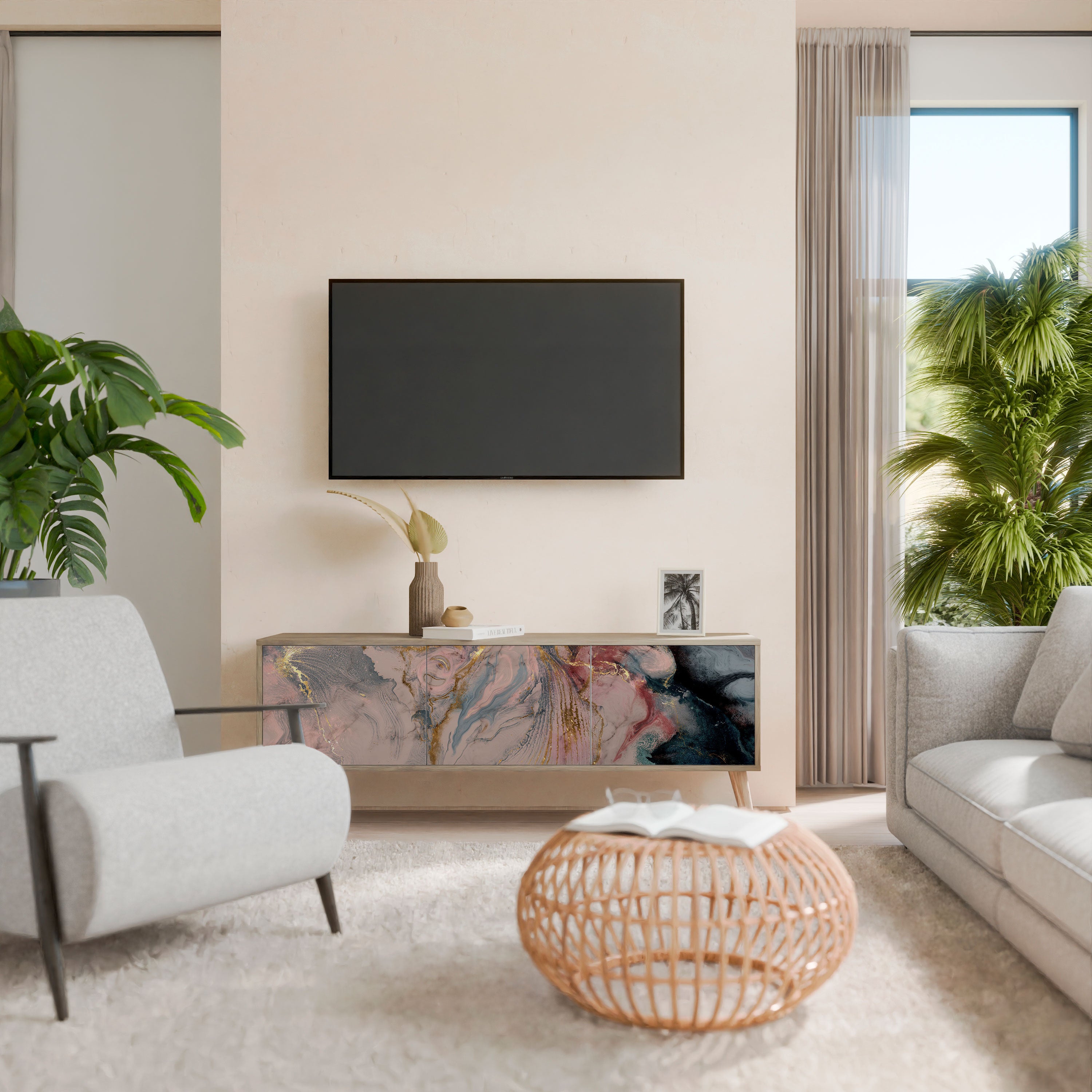 Mueble de TV de 3 puertas GILDED SWIRLS con efecto roble