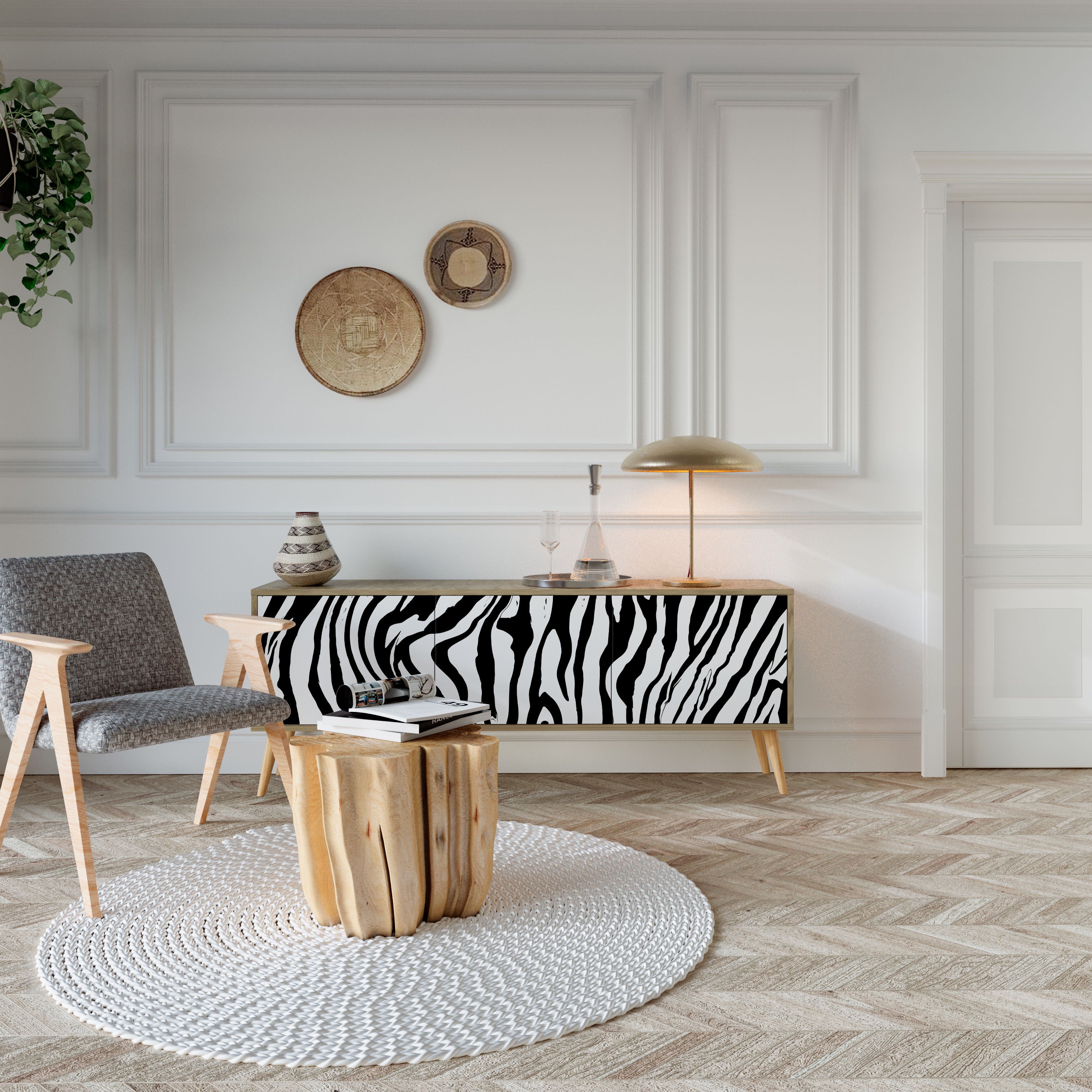 SPLENDID ZEBRA Mueble de TV de 3 puertas con efecto roble