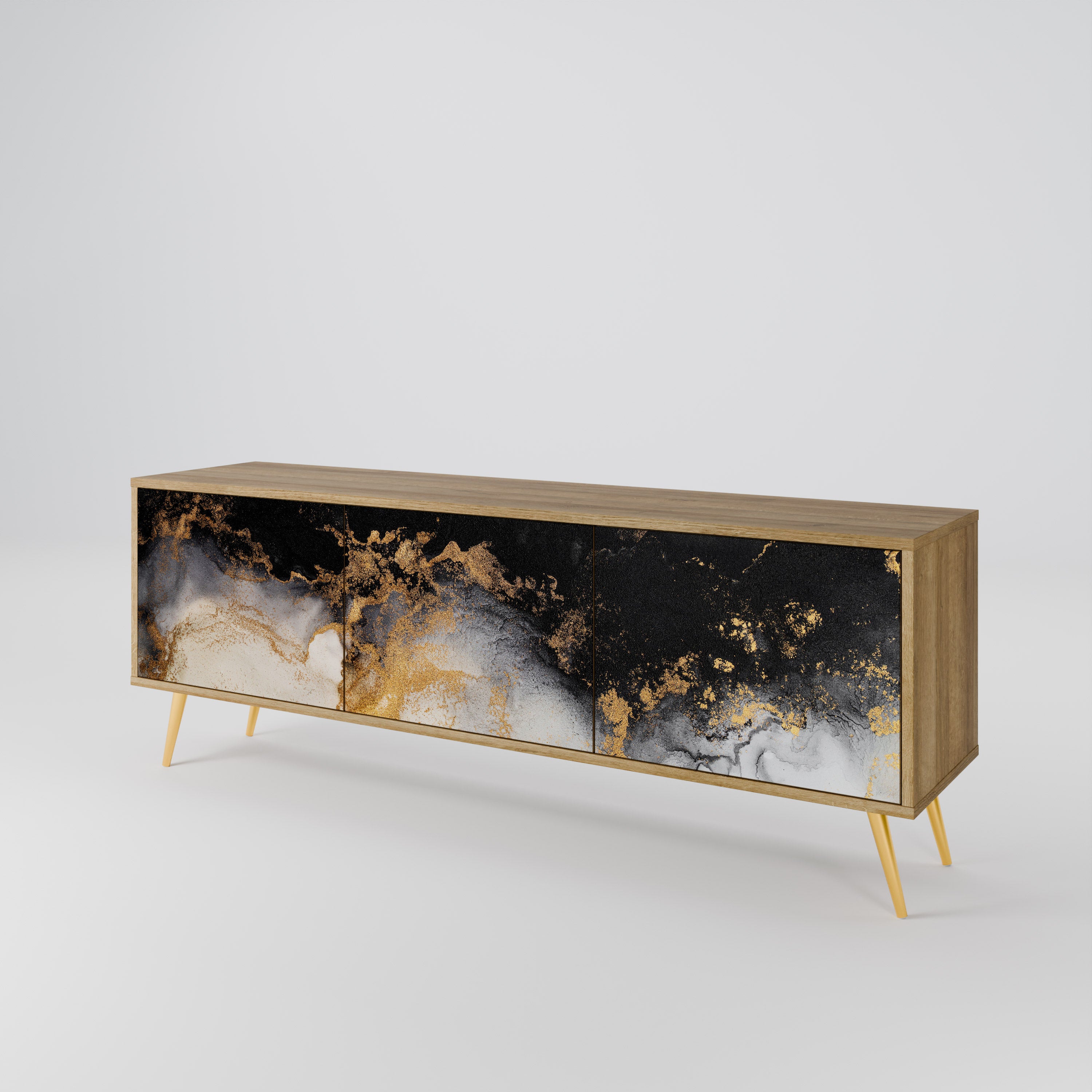 Mueble de TV de 3 puertas MARBLE OF TOMORROW con efecto roble