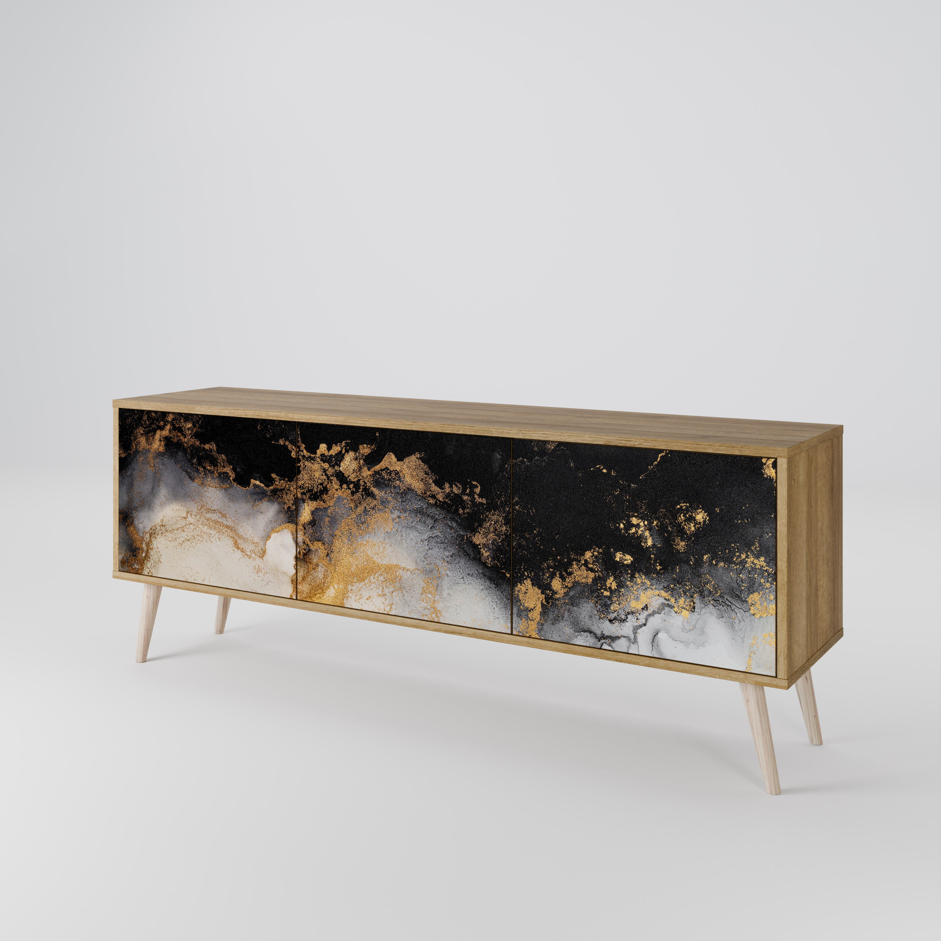 Mueble de TV de 3 puertas MARBLE OF TOMORROW con efecto roble