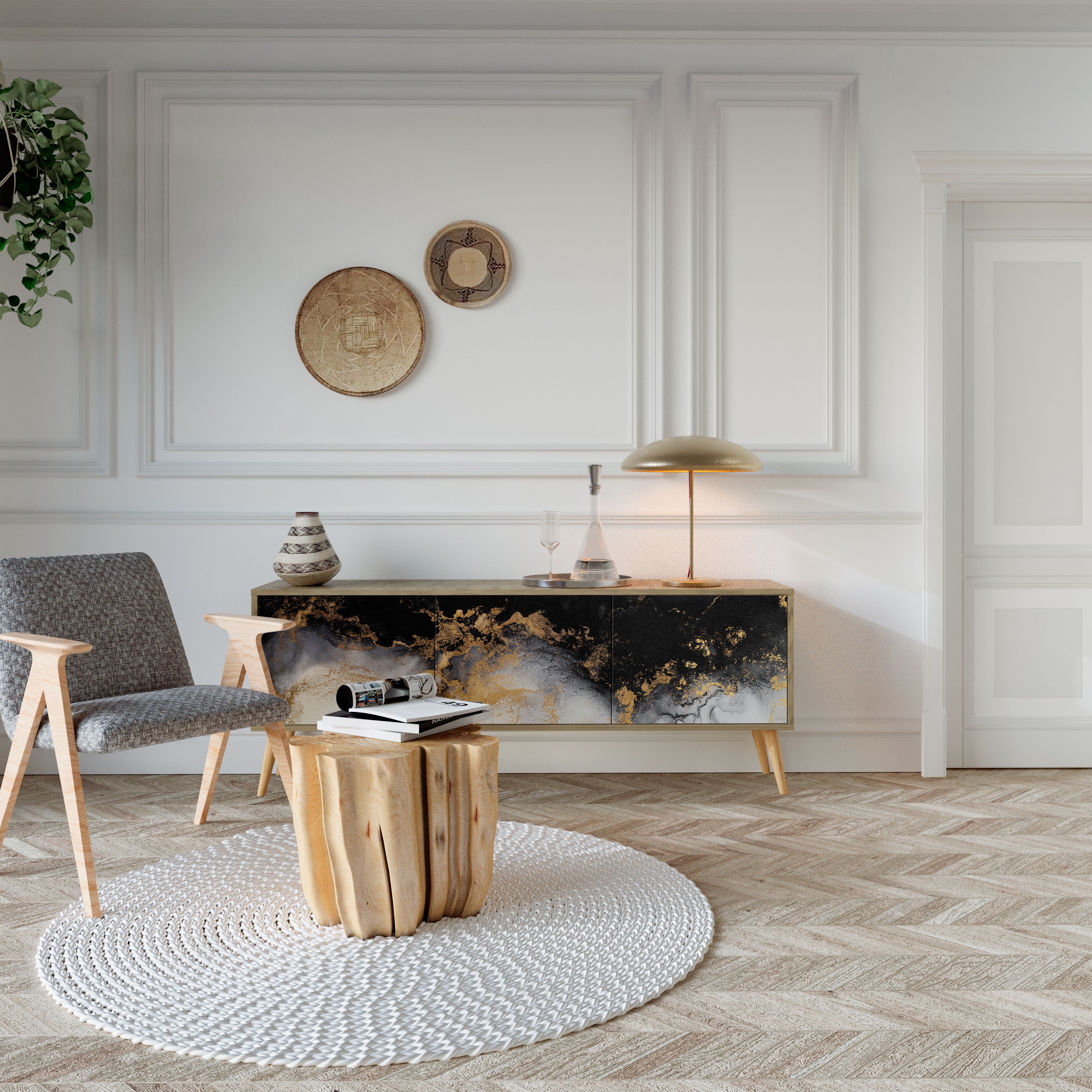 Mueble de TV de 3 puertas MARBLE OF TOMORROW con efecto roble