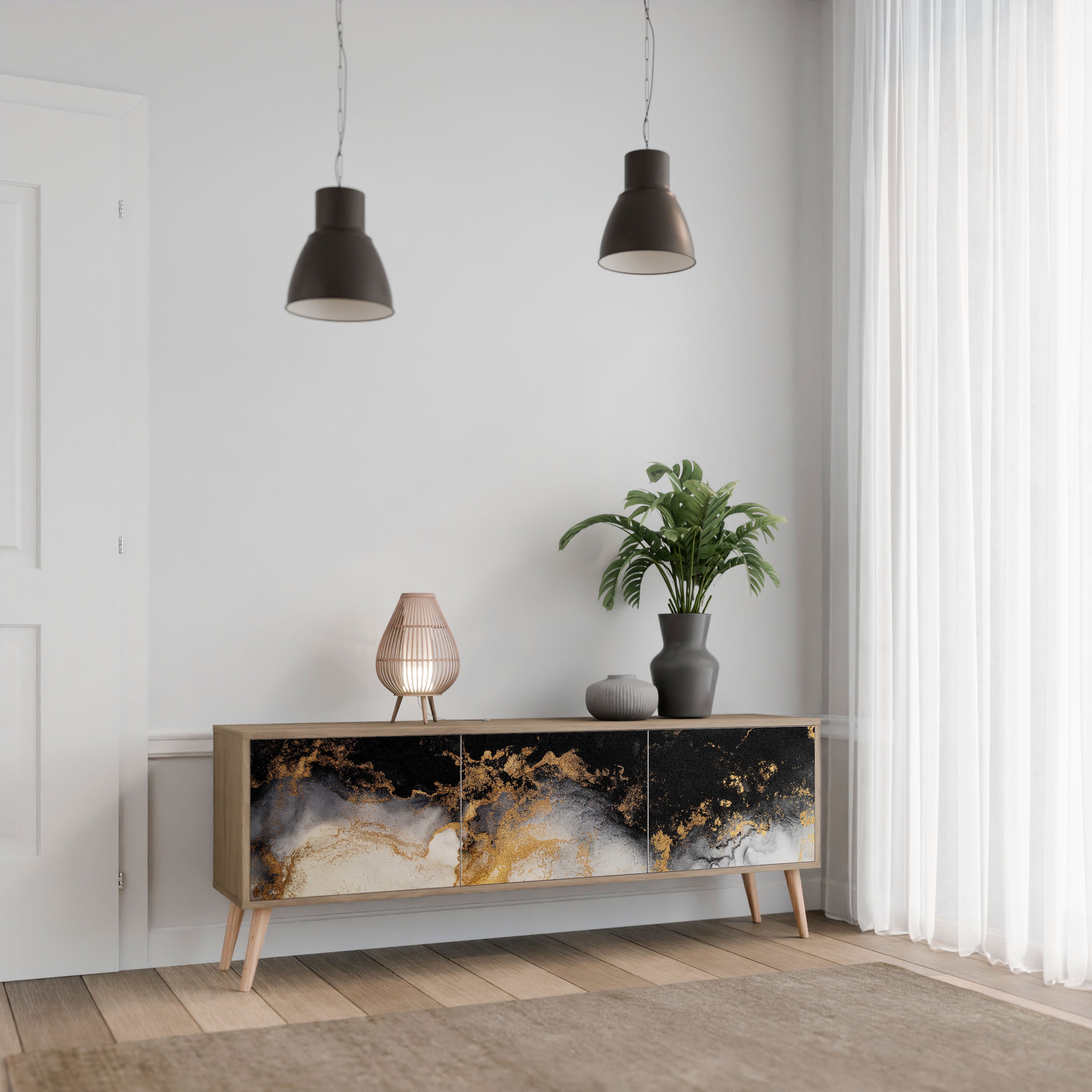 Mueble de TV de 3 puertas MARBLE OF TOMORROW con efecto roble
