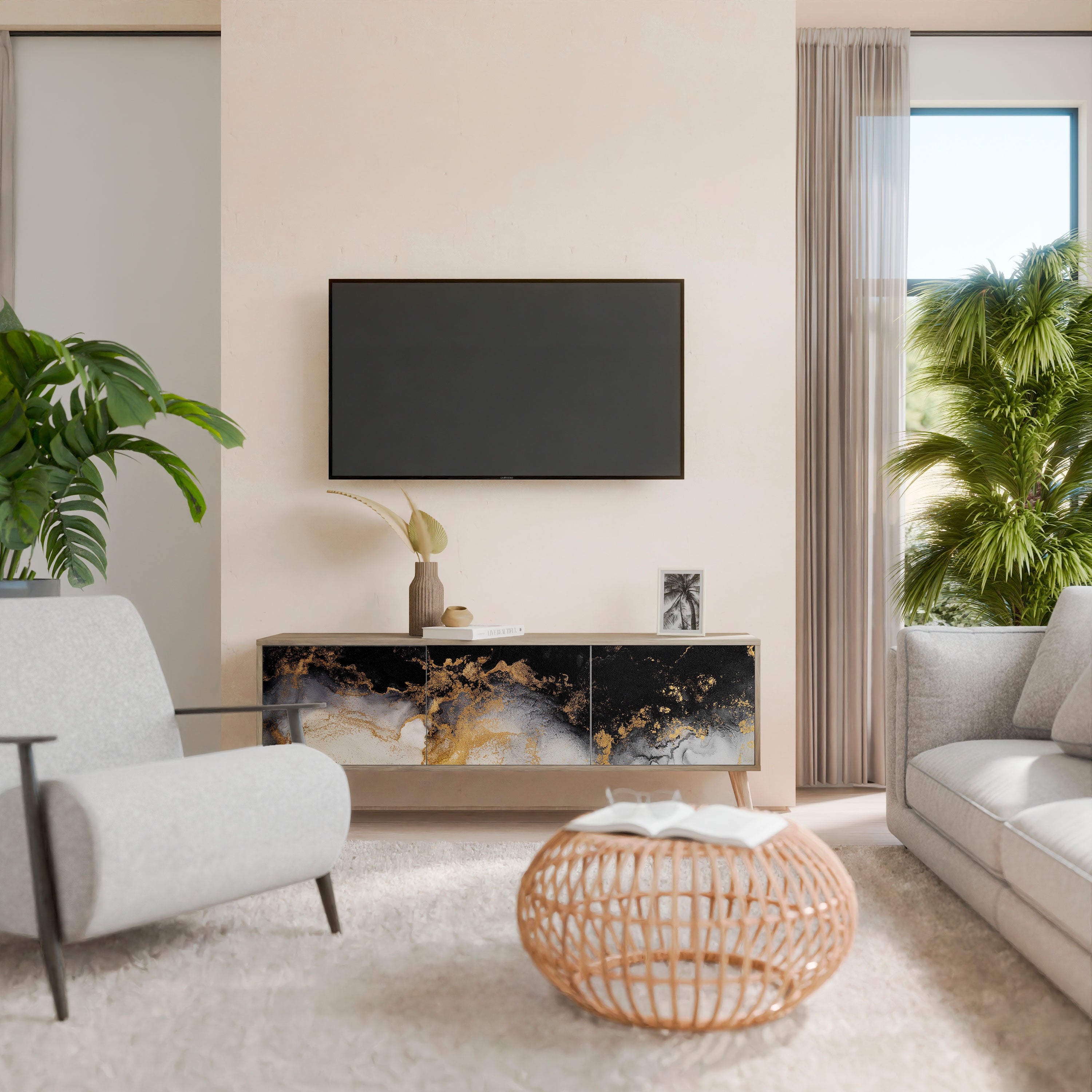 Mueble de TV de 3 puertas MARBLE OF TOMORROW con efecto roble
