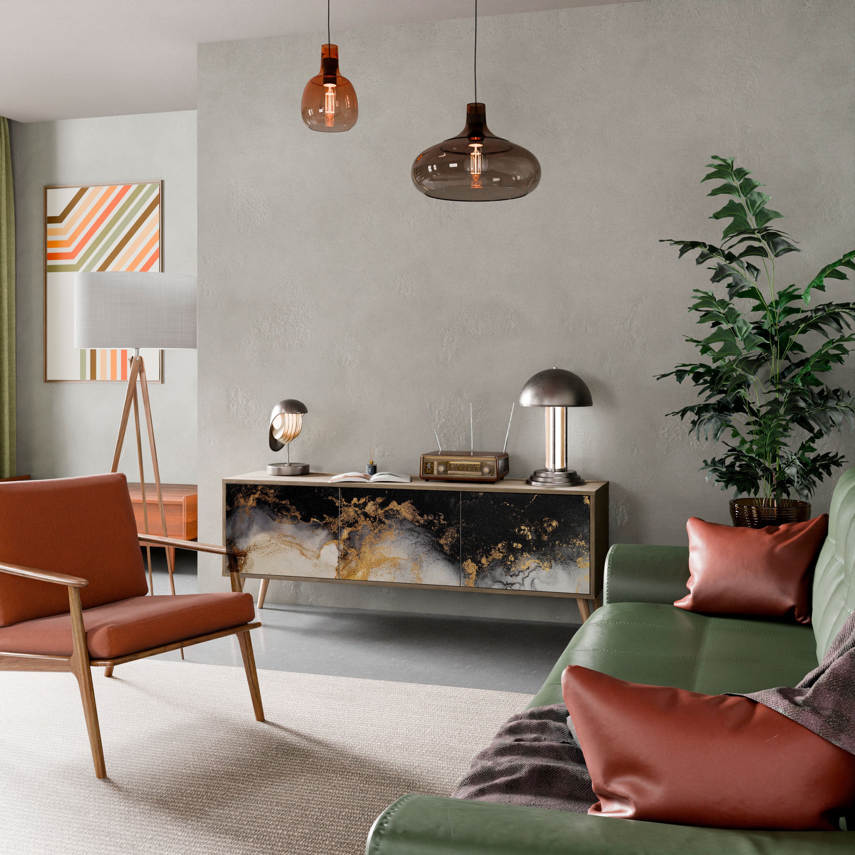 Mueble de TV de 3 puertas MARBLE OF TOMORROW con efecto roble