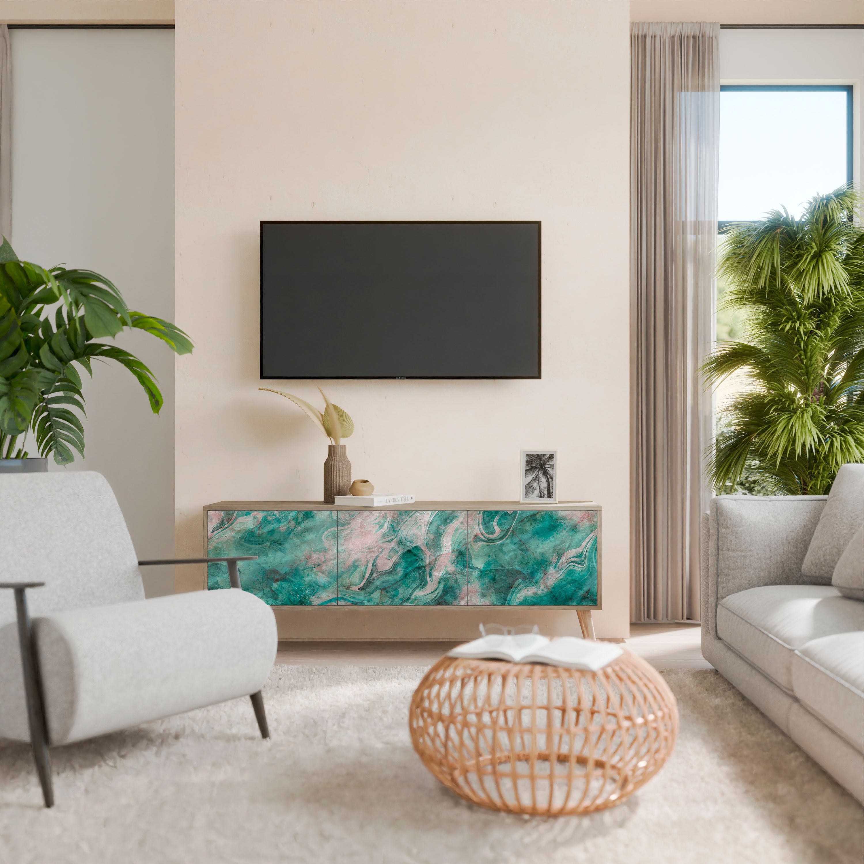 Mueble de TV de 3 puertas ABSTRACT ALCHEMY con efecto roble