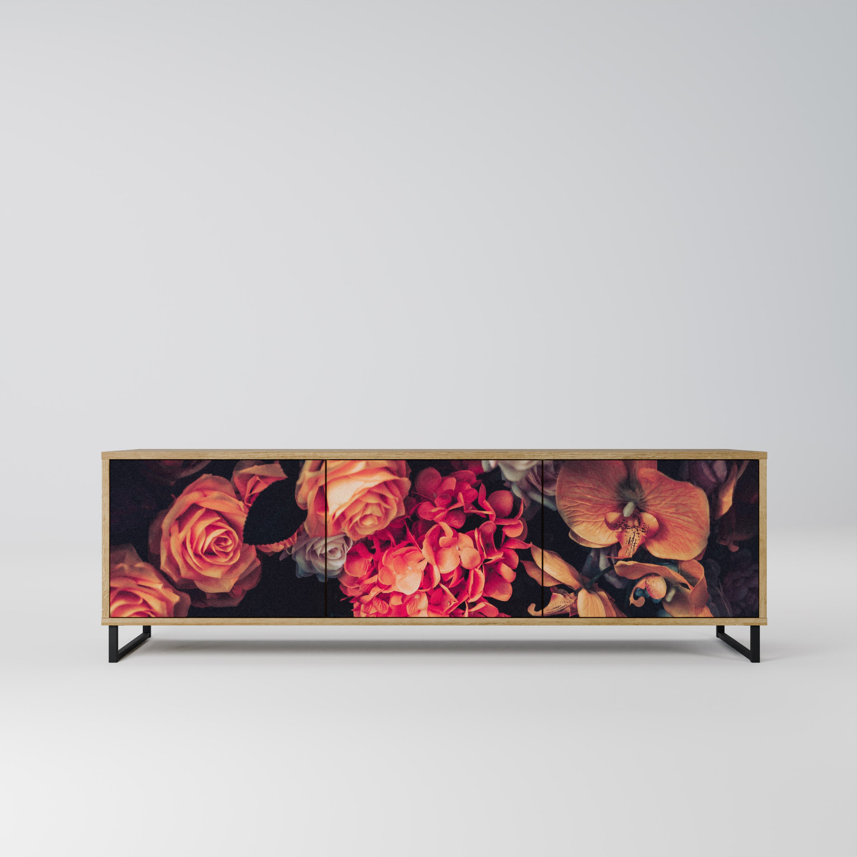 Mueble de TV de 3 puertas NEVERENDING BLOOM con efecto roble