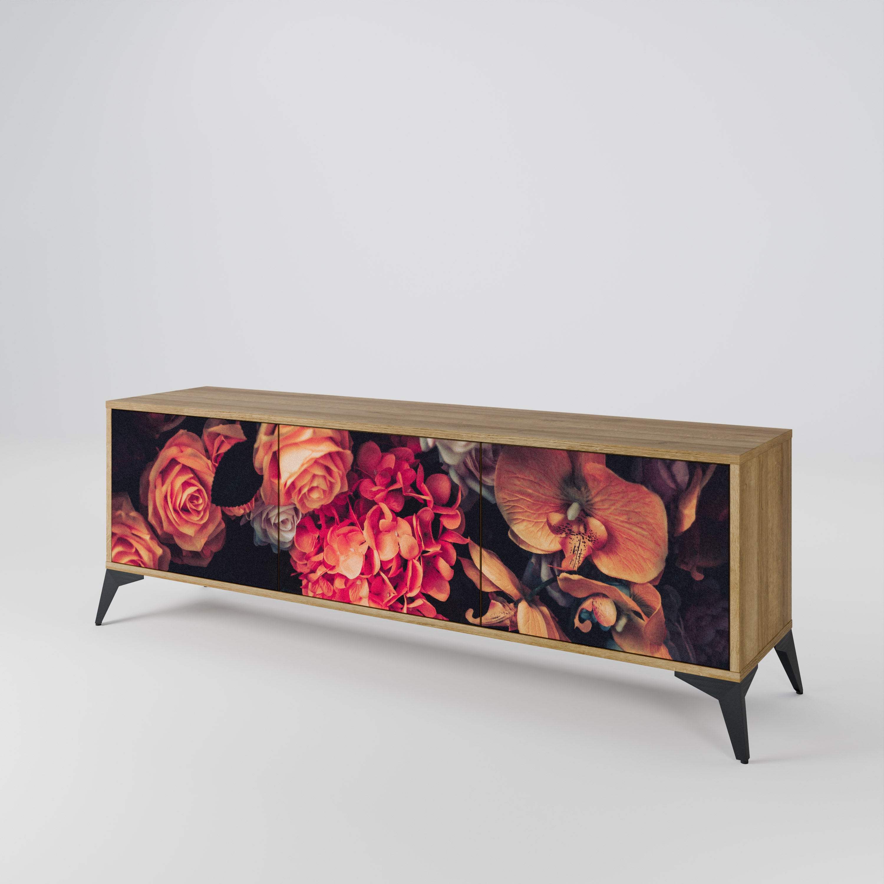 Mueble de TV de 3 puertas NEVERENDING BLOOM con efecto roble
