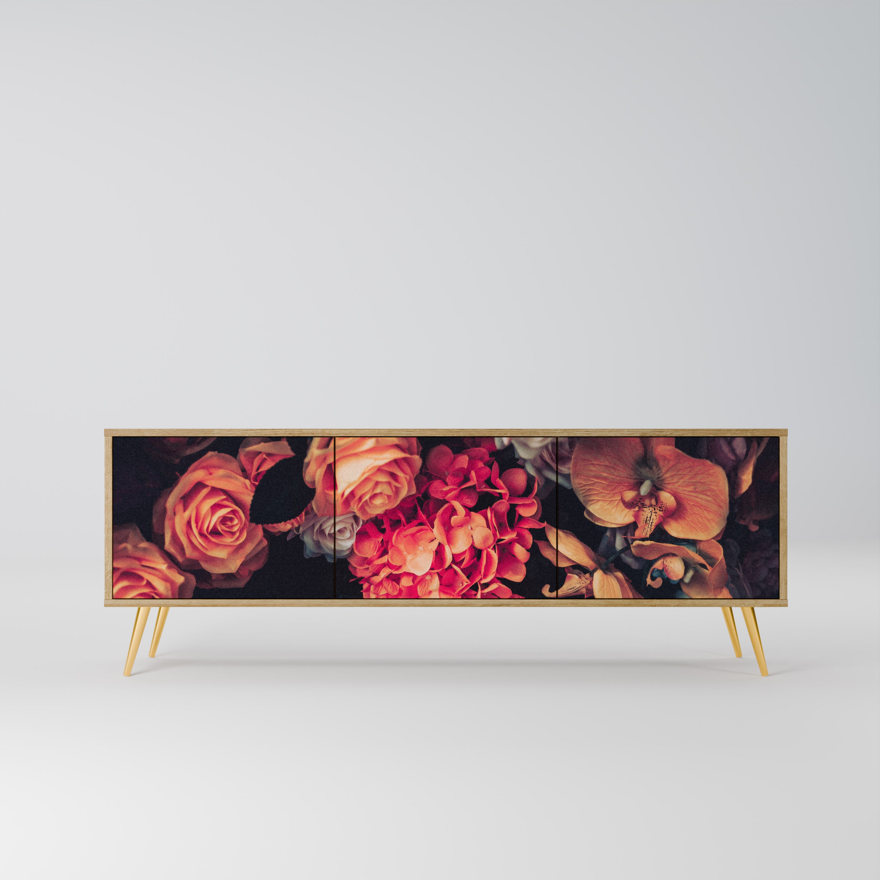 Mueble de TV de 3 puertas NEVERENDING BLOOM con efecto roble