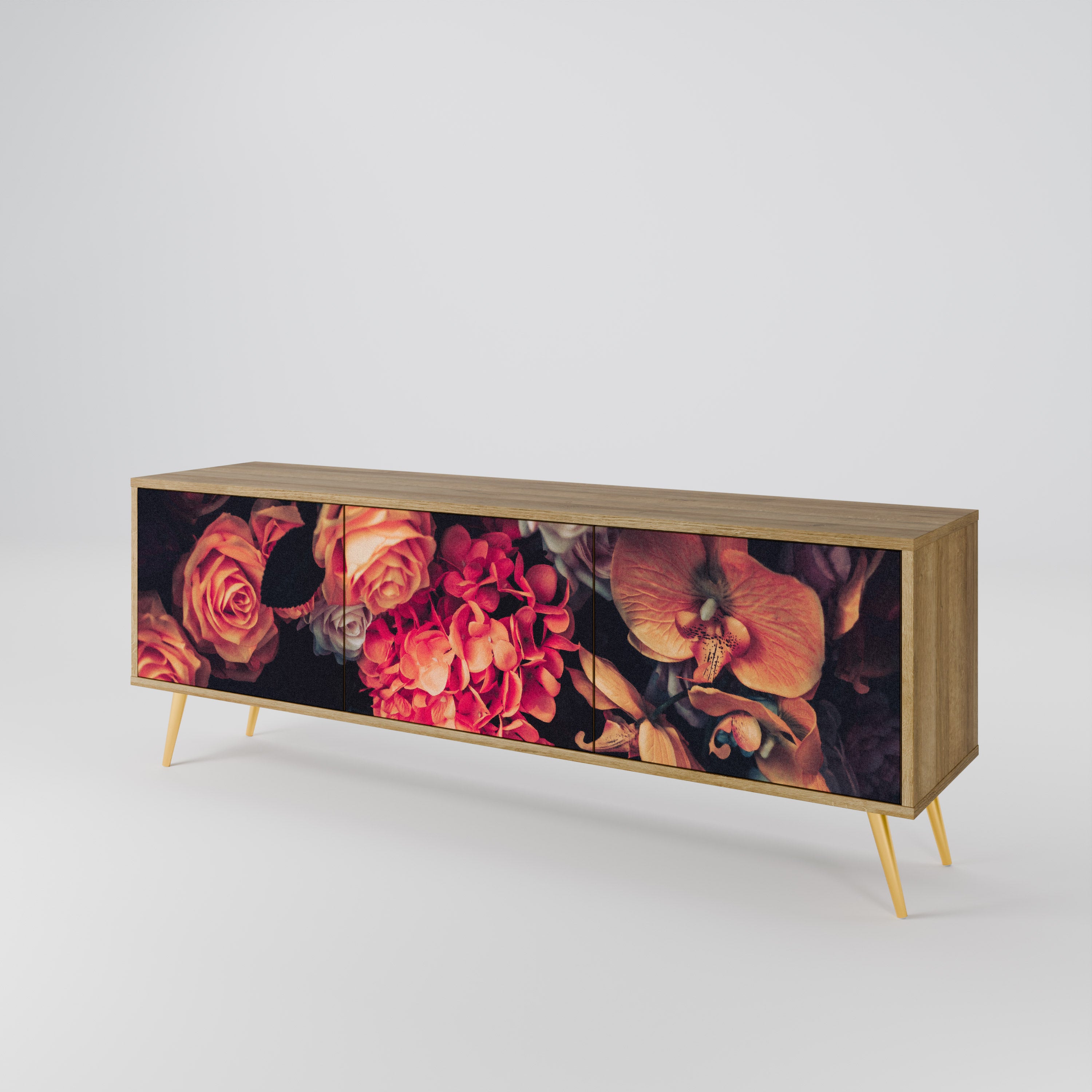 Mueble de TV de 3 puertas NEVERENDING BLOOM con efecto roble