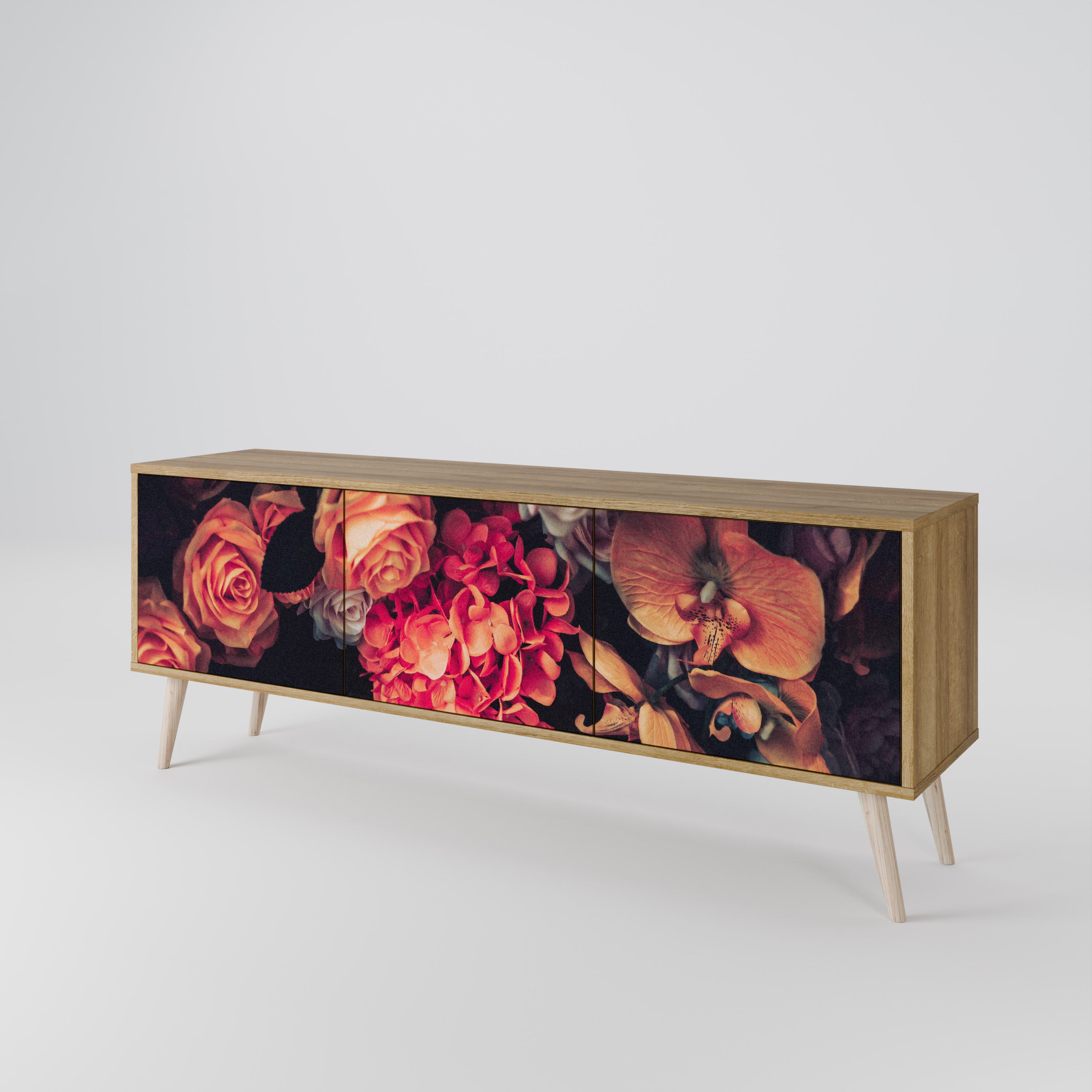Mueble de TV de 3 puertas NEVERENDING BLOOM con efecto roble