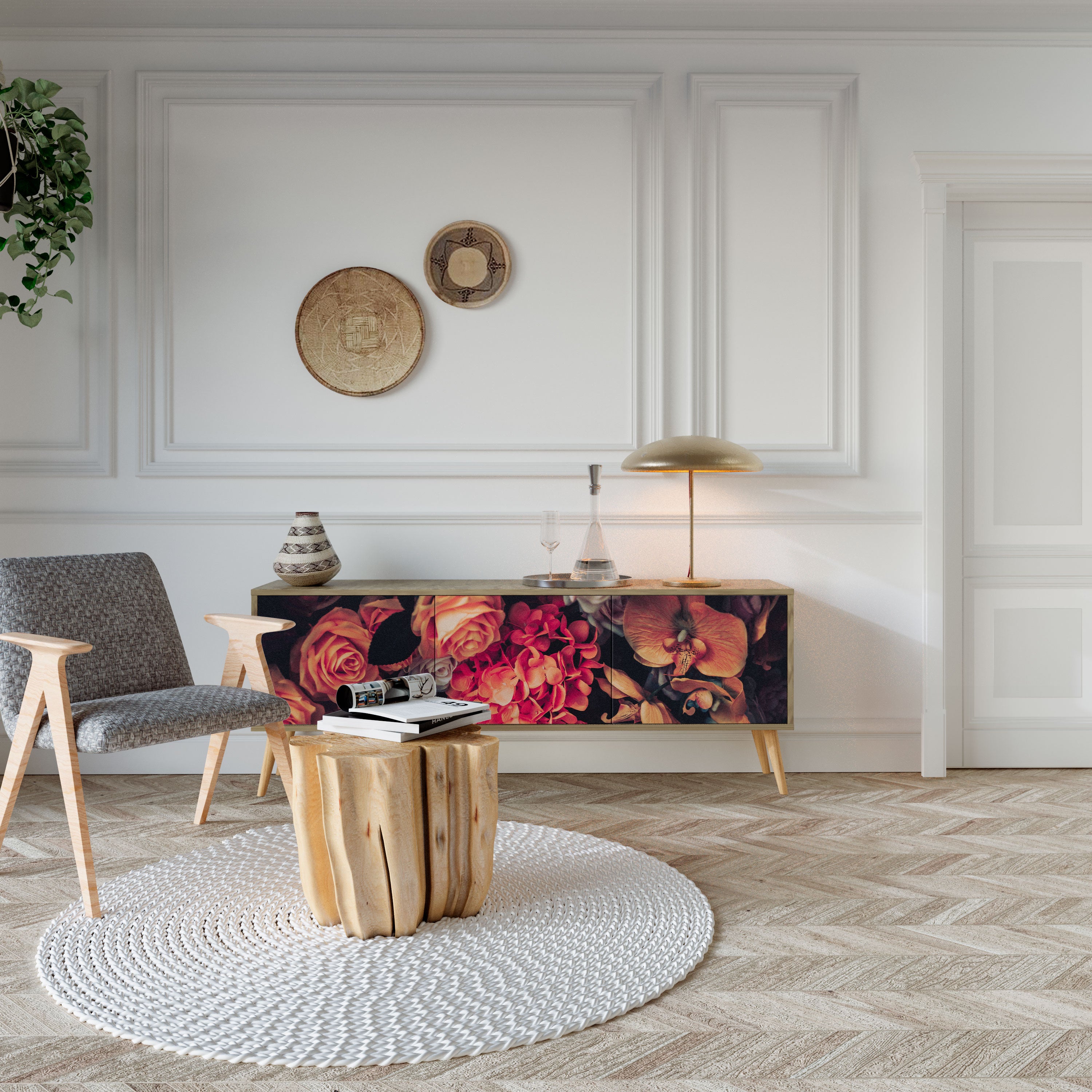 Mueble de TV de 3 puertas NEVERENDING BLOOM con efecto roble