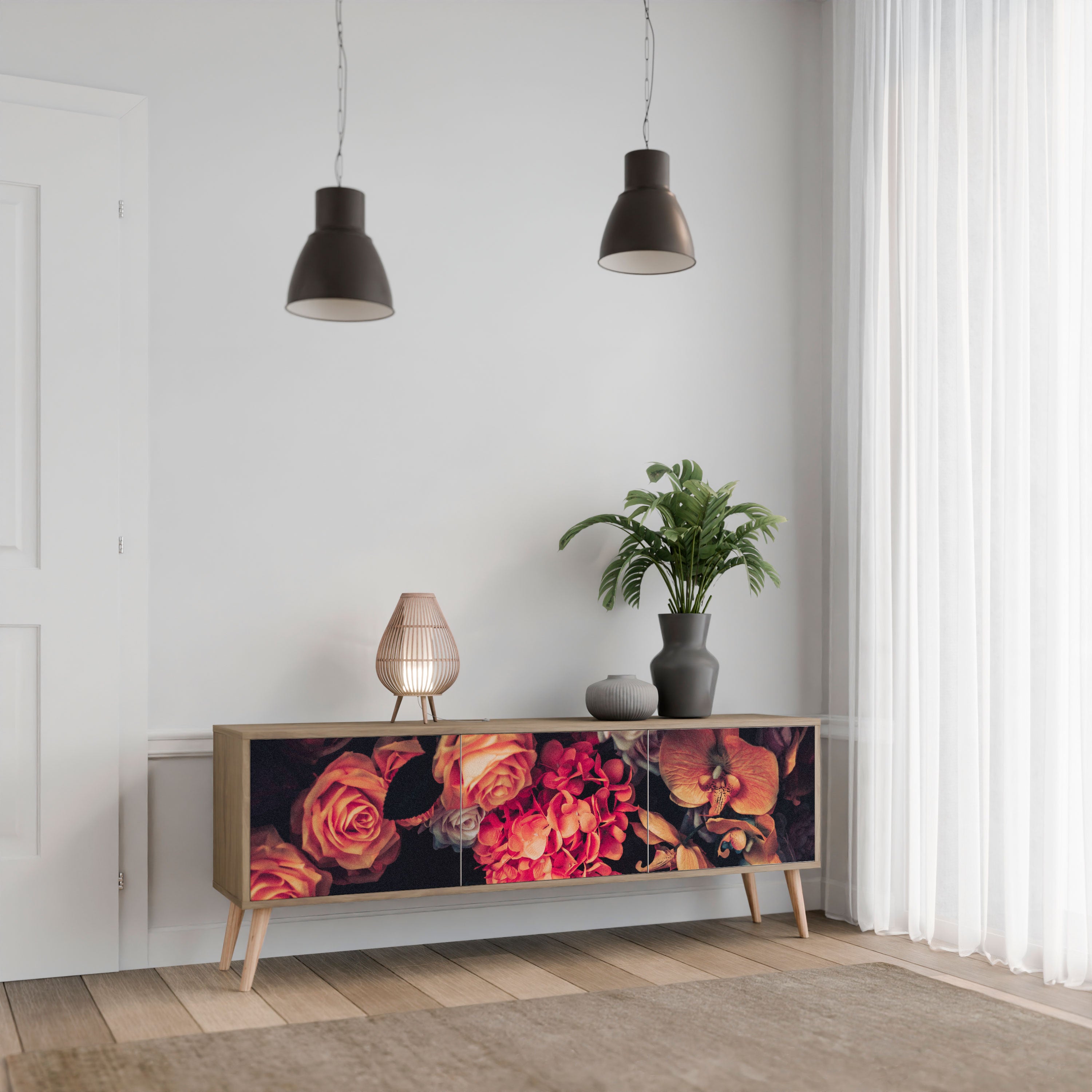 Mueble de TV de 3 puertas NEVERENDING BLOOM con efecto roble