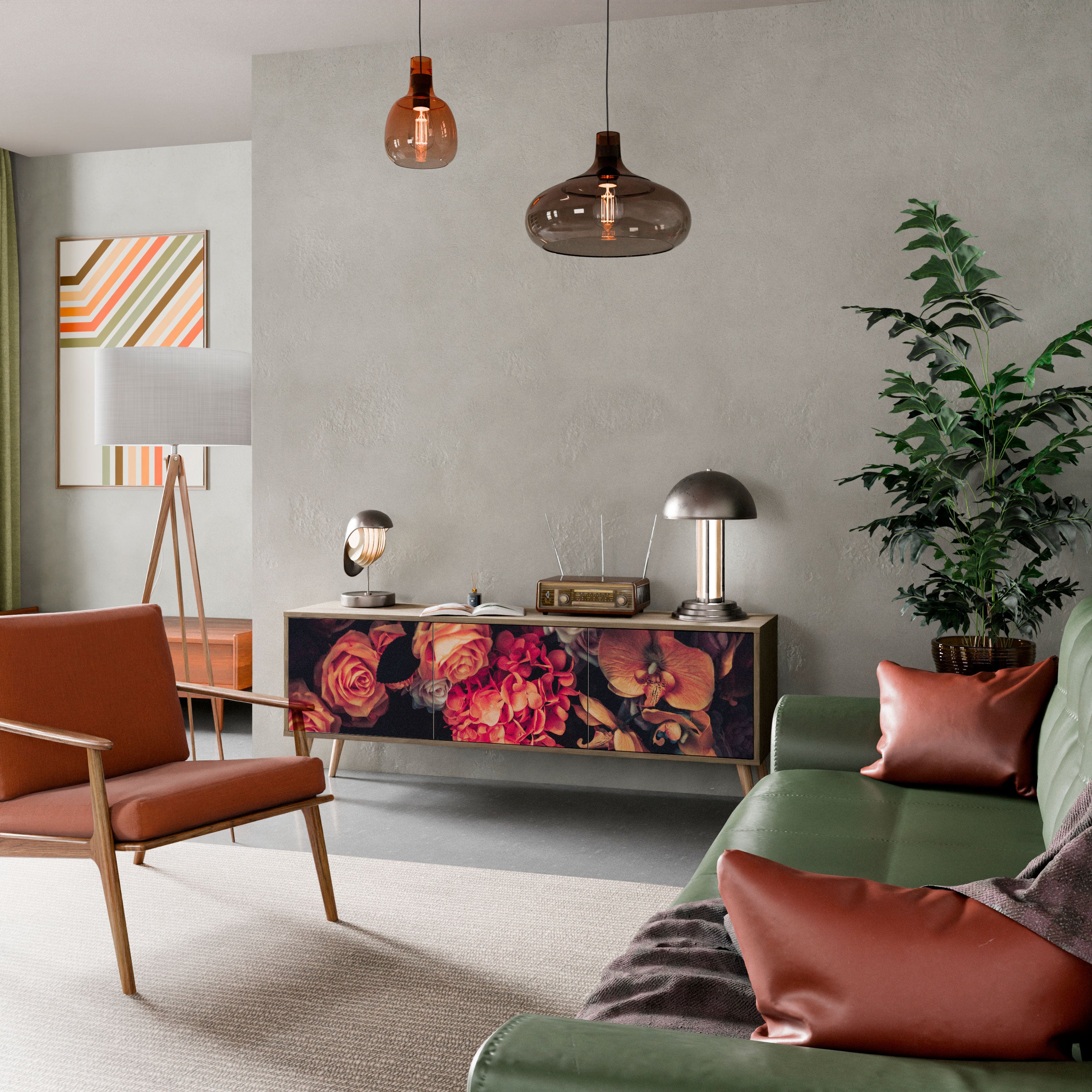 Mueble de TV de 3 puertas NEVERENDING BLOOM con efecto roble