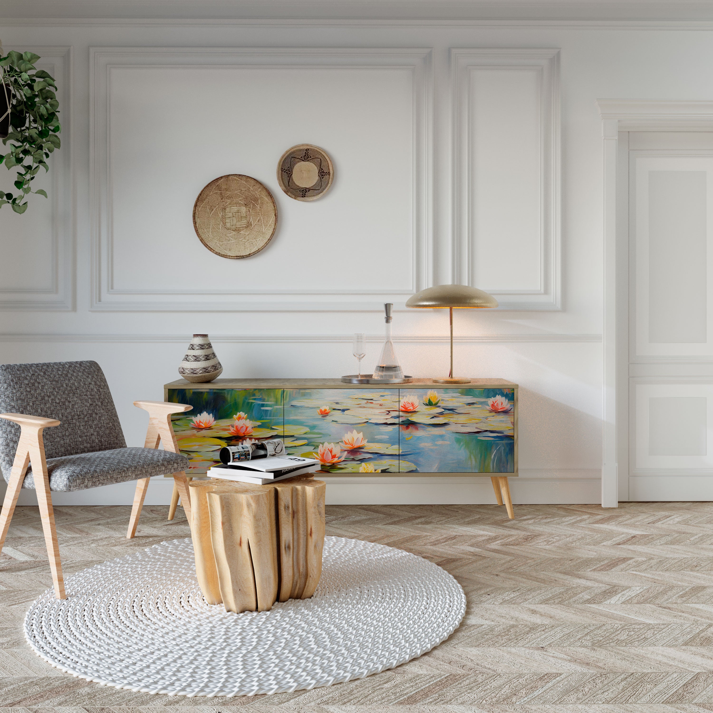 Mueble de TV de 3 puertas BLOOMING WATERS con efecto roble
