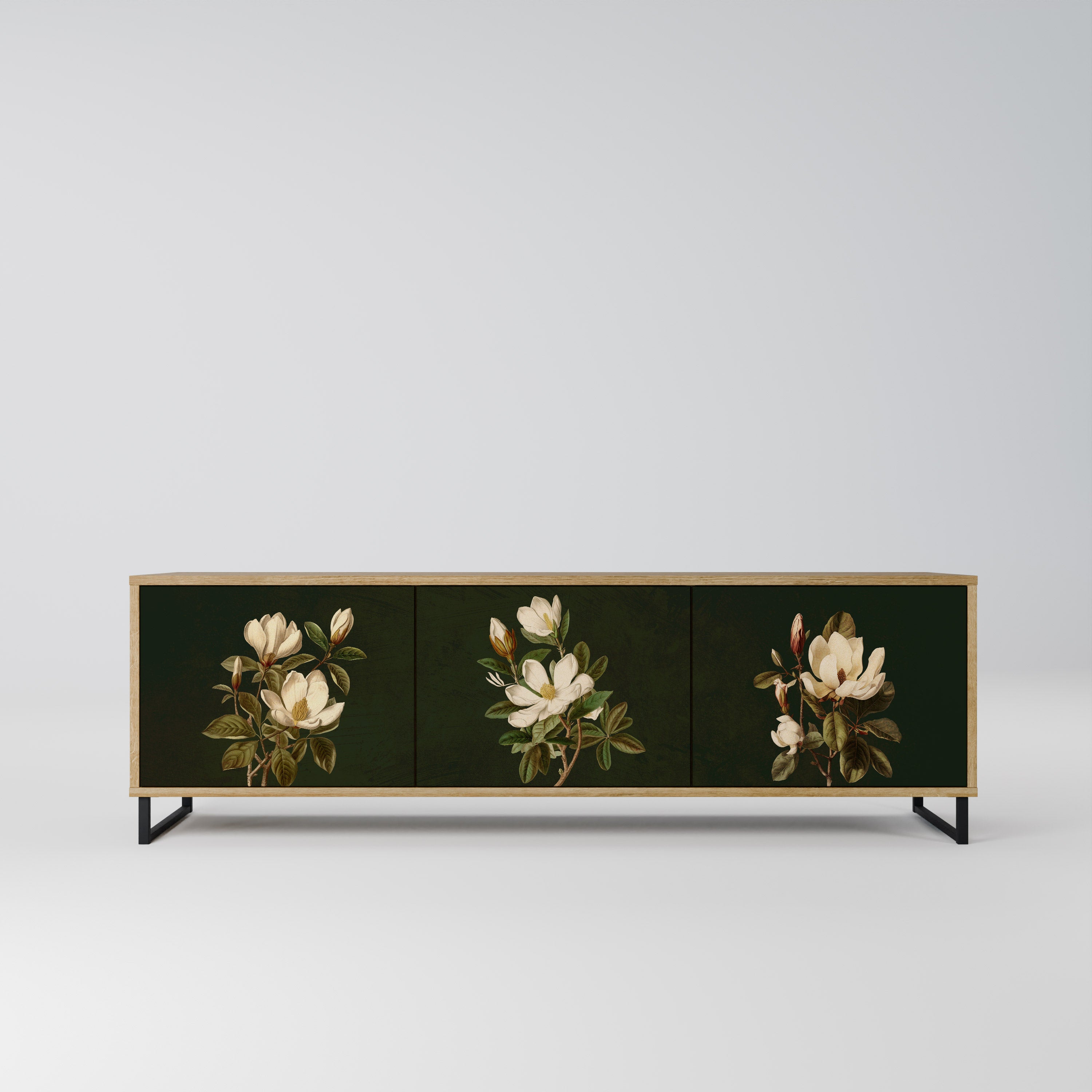 Mueble de TV de 3 puertas FLORAL NOIR con efecto roble