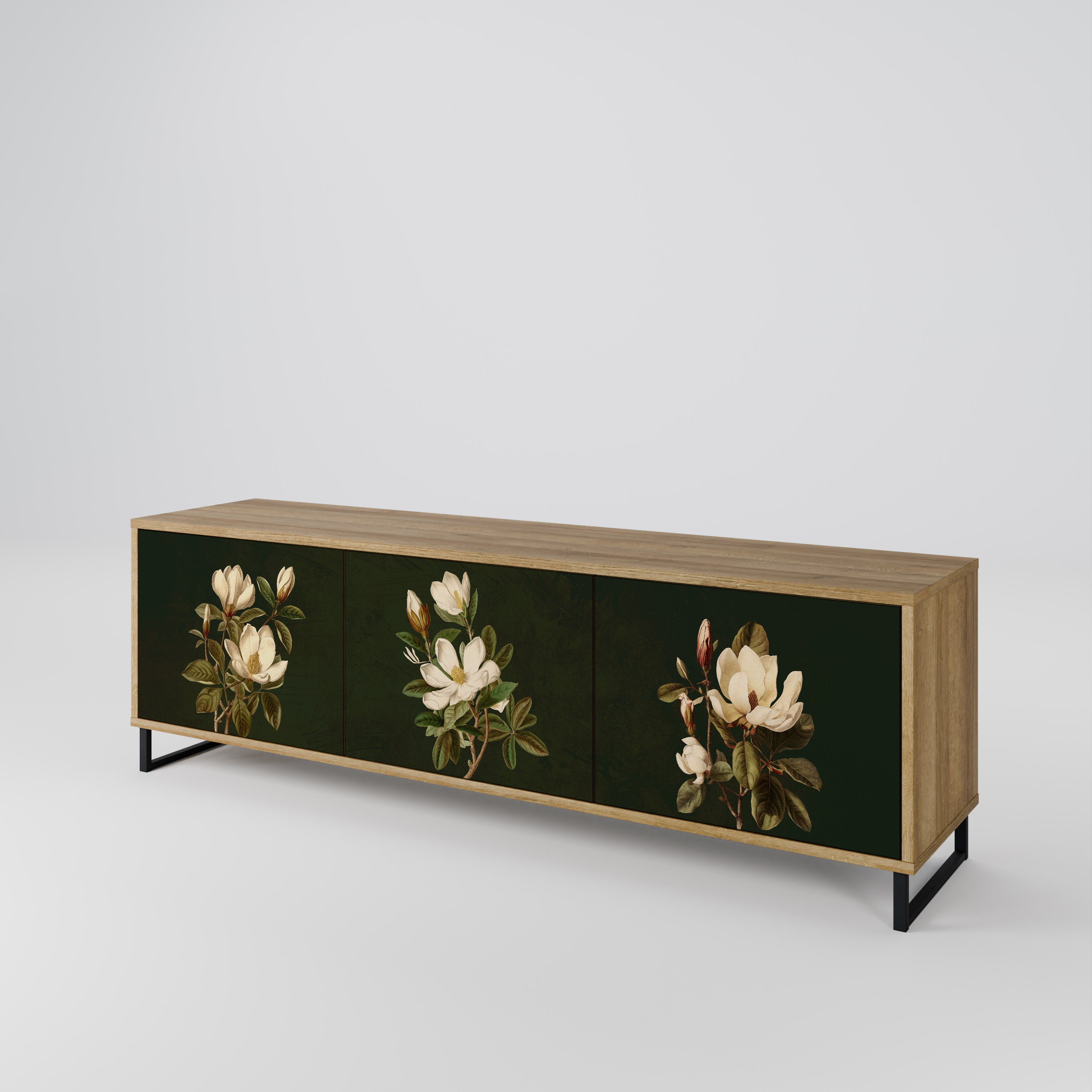 Mueble de TV de 3 puertas FLORAL NOIR con efecto roble