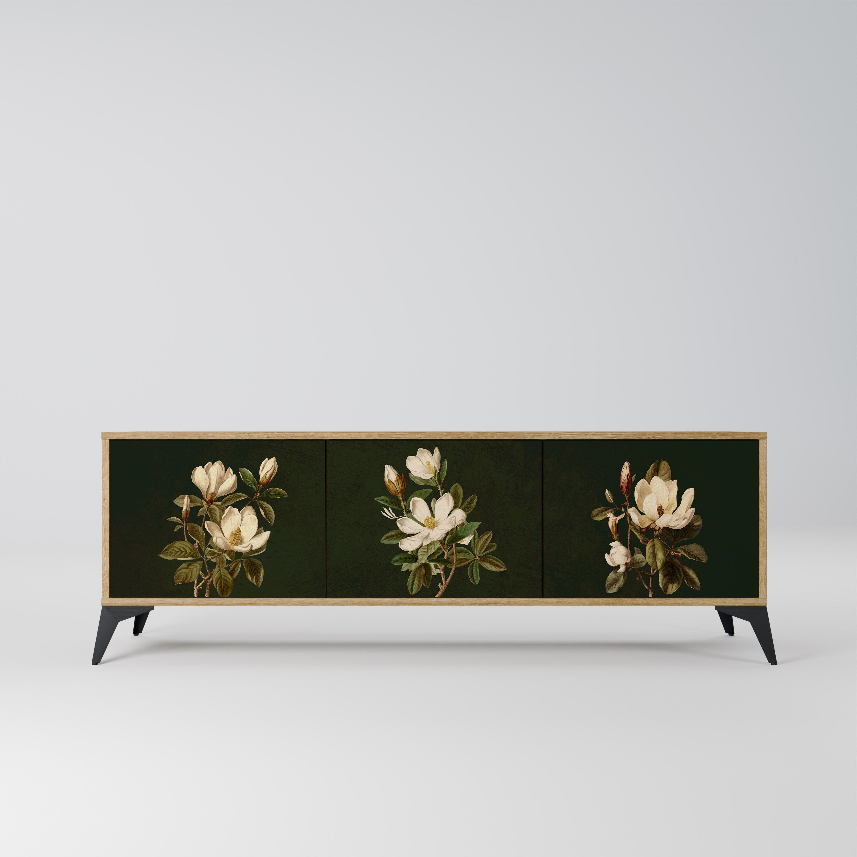 Mueble de TV de 3 puertas FLORAL NOIR con efecto roble
