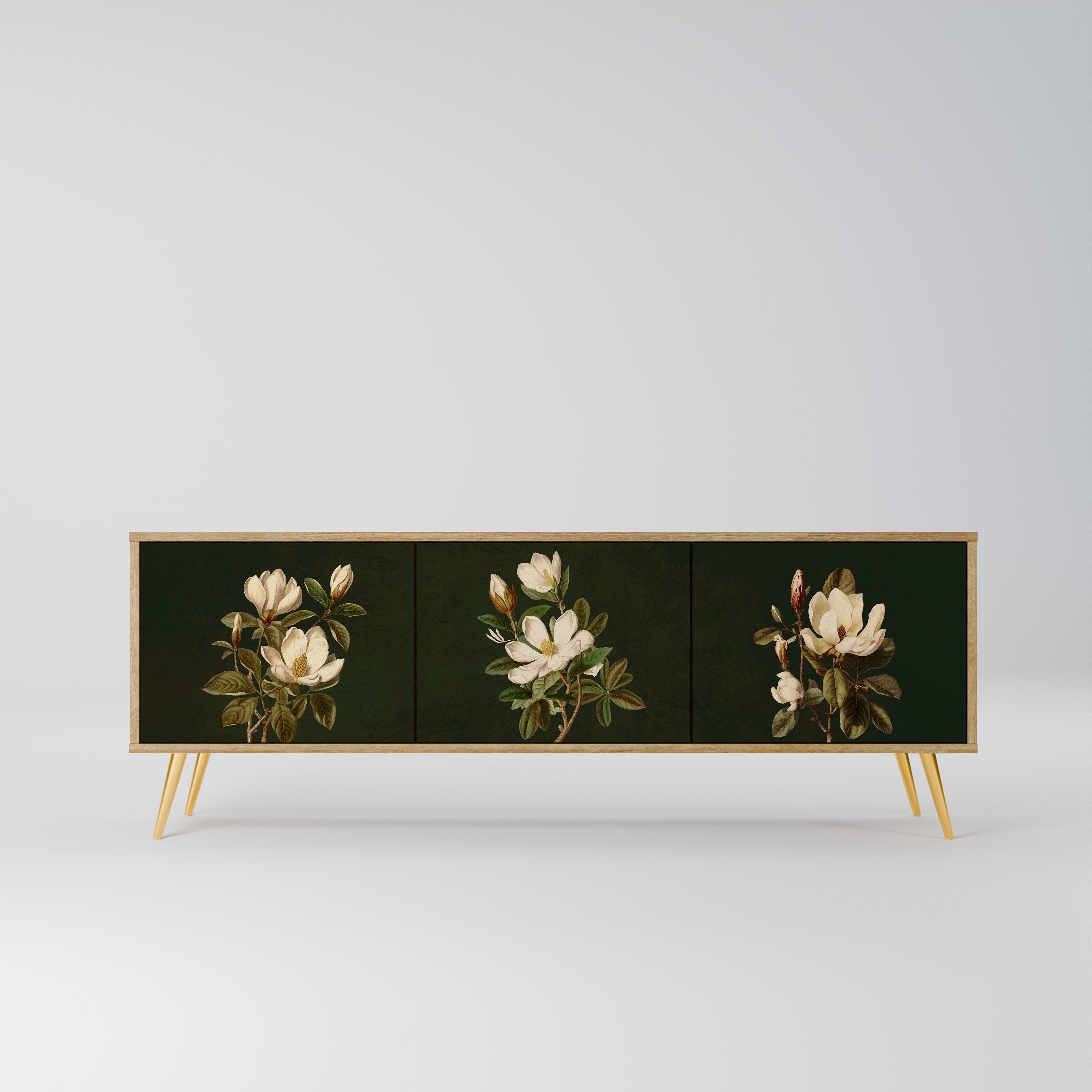 Mueble de TV de 3 puertas FLORAL NOIR con efecto roble