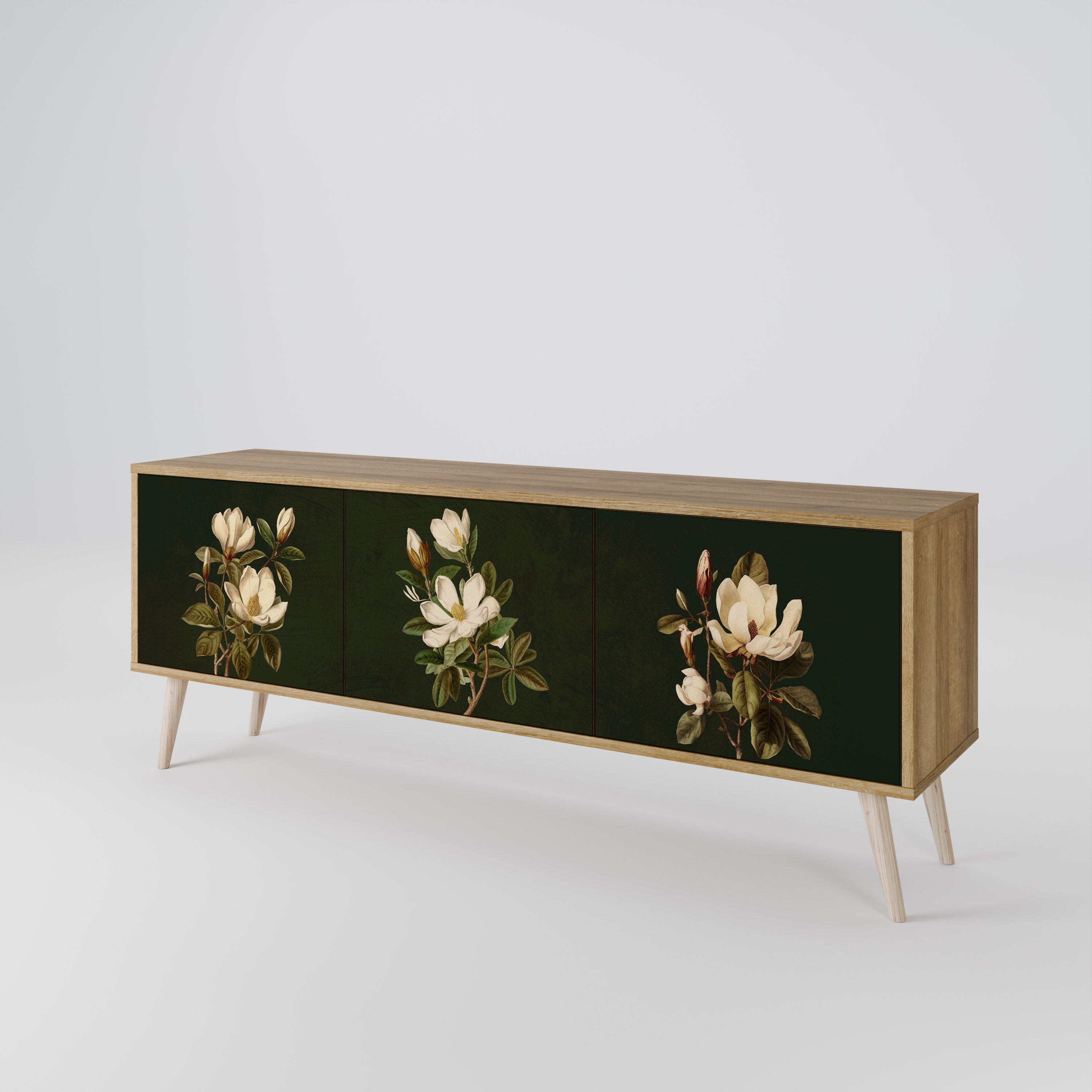 Mueble de TV de 3 puertas FLORAL NOIR con efecto roble