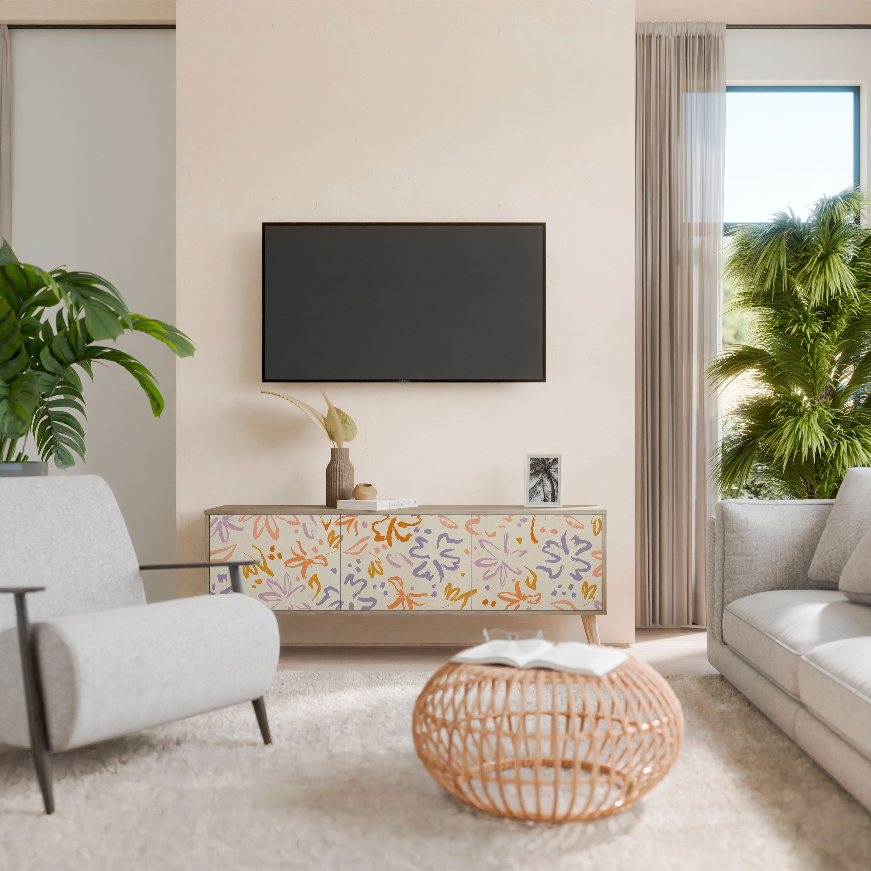 Mueble de TV de 3 puertas SPRING WHIMSY con efecto roble