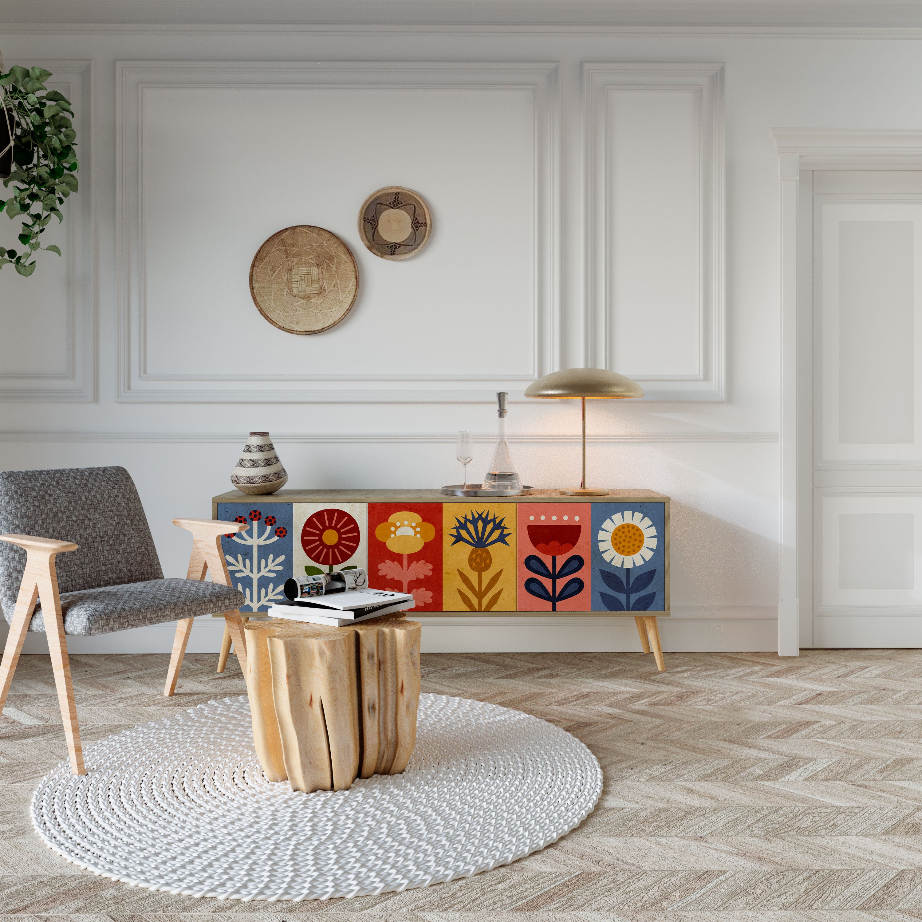 Mueble de TV SCANDIC FLOWERET de 3 puertas con efecto roble