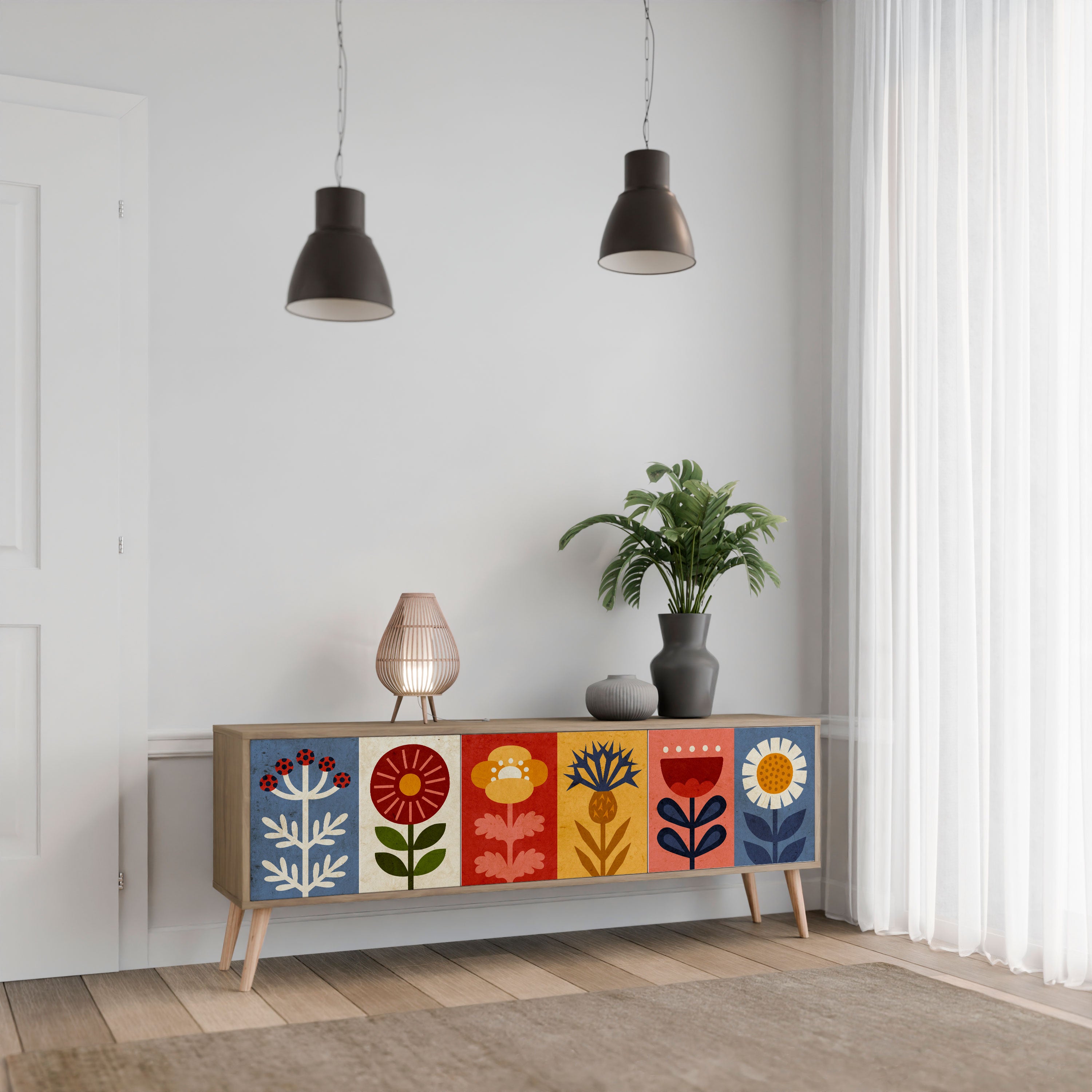 Mueble de TV SCANDIC FLOWERET de 3 puertas con efecto roble